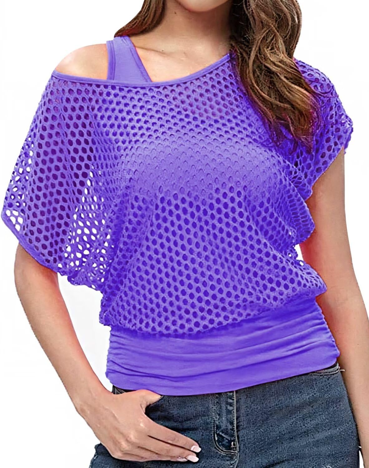 WILDPARTY Women's Casual Sexy Off Shoulder T-Shirt 80s 90s Outfit 80's Costume Fishnet Neon Shirt Summer Short Sleeve