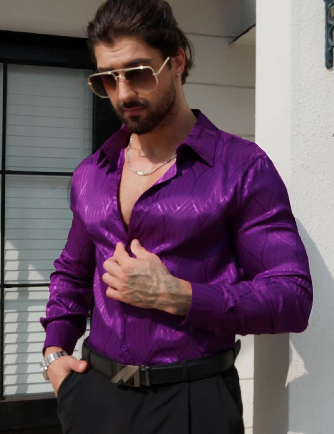 Men Metallic Satin Dress Shirt Luxury Jacquard Long Sleeve Casual Button Down Shirts Silk Shirts - Image 2