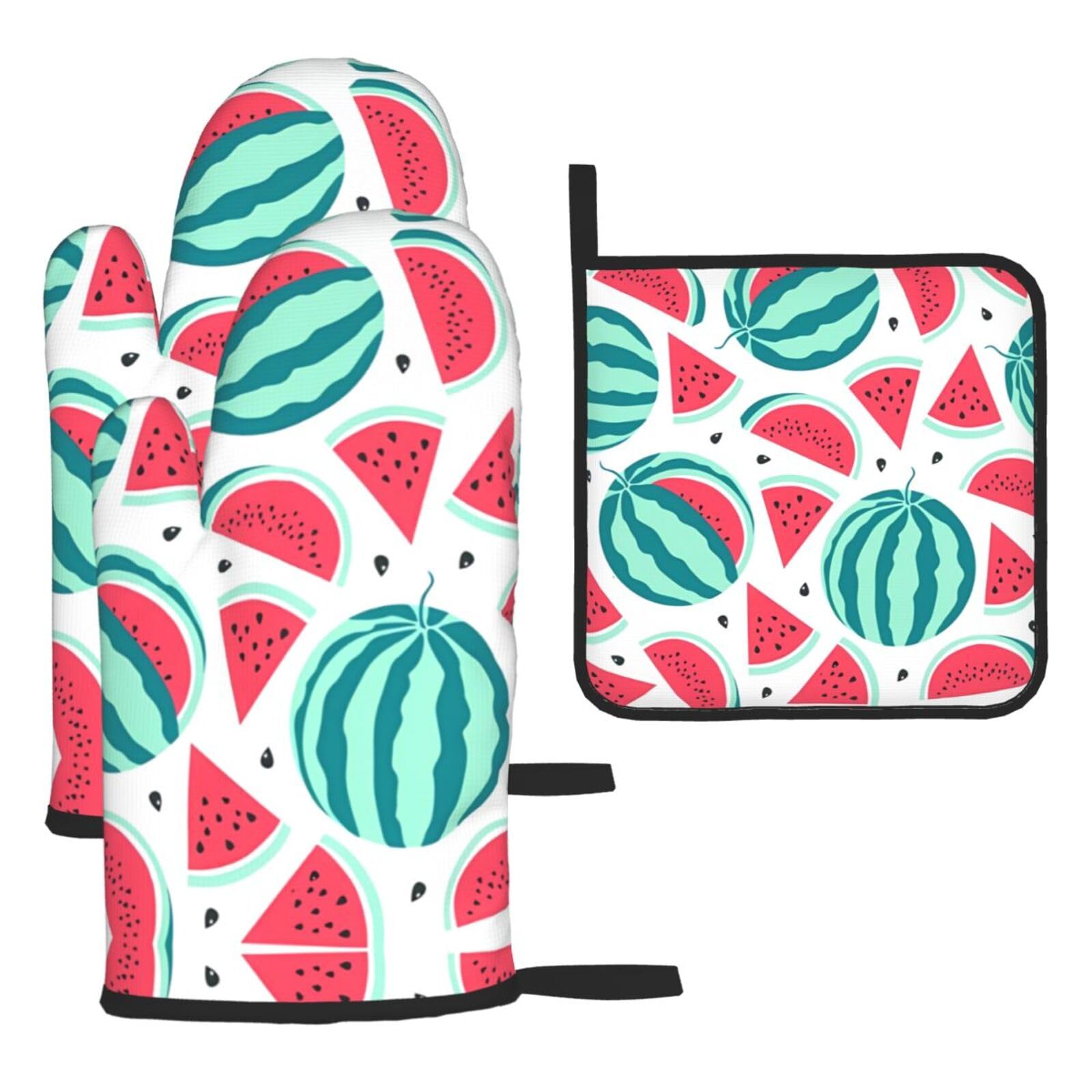 Fruits Watermelon Printed Kitchen Oven Mitt Set 3-Piece Heat Resistant Gloves with Pot Holder Mat for Cooking Baking BBQ