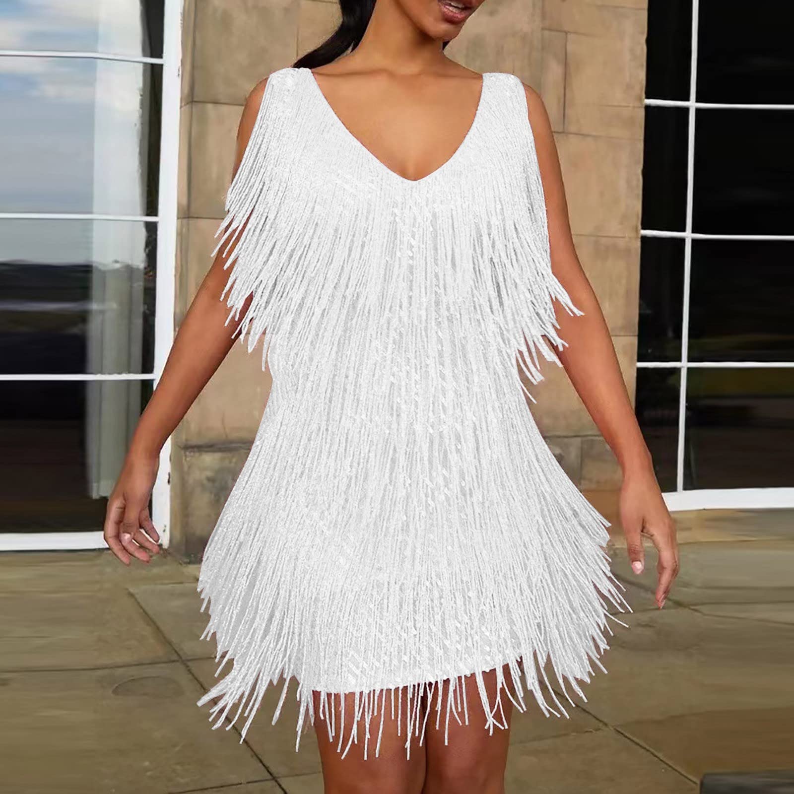 Vestido corto de baile con flecos y lentejuelas para mujer, sin mangas, cuello en V, para graduación, carnaval, club, fiesta, baile latino, vestido corto