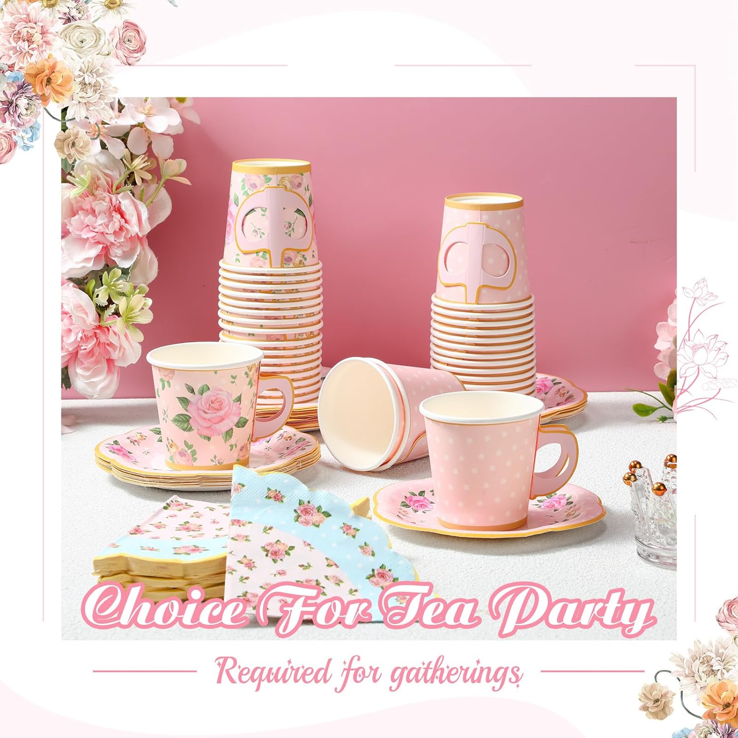 Umigy 36 Sets Tea Party Decorations 6.5 oz Floral Paper Tea Cups with Plates Paper Napkins Disposable Blossom Teacups and Saucers Sets for Girls Birthday Party Supplies(Pink)