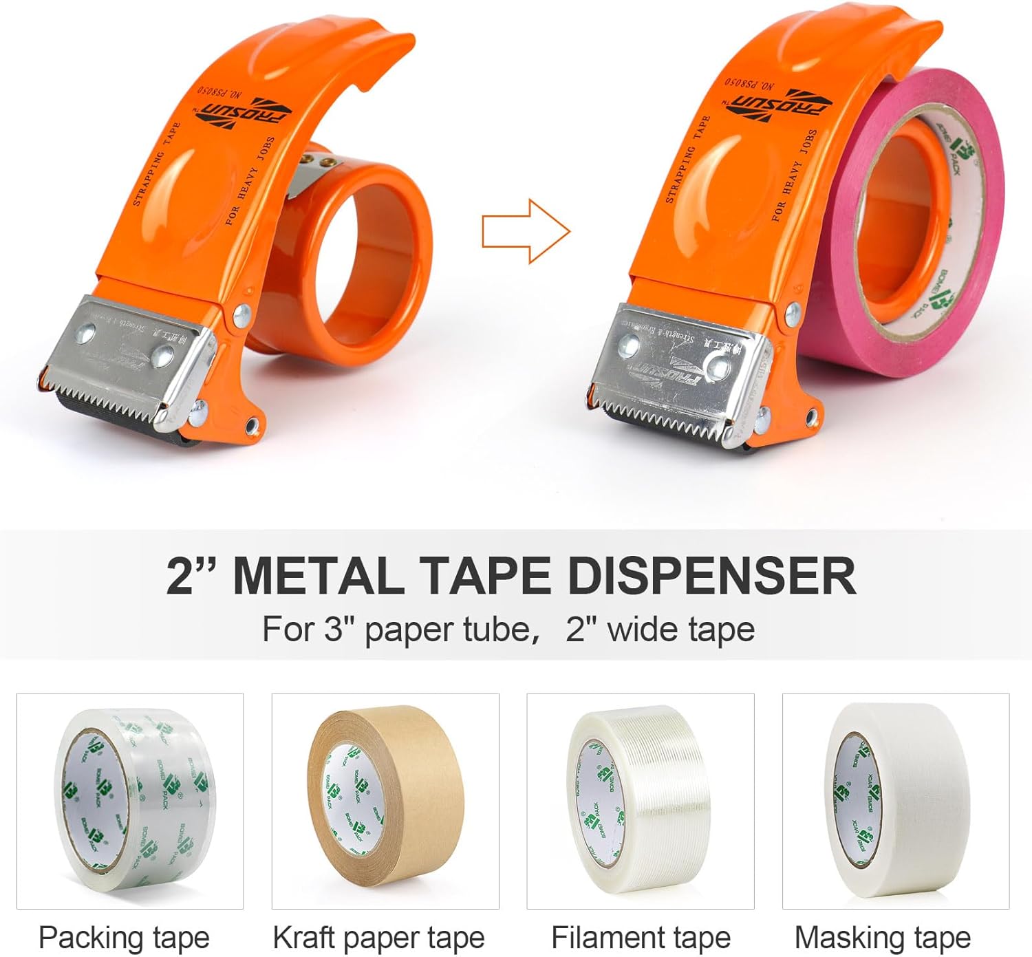 BOMEI PACK Metal Packing Tape Dispenser, 2inch Heavy Duty Handheld Heavy Duty Tape Holder, 4Pcs, Orange + Blue