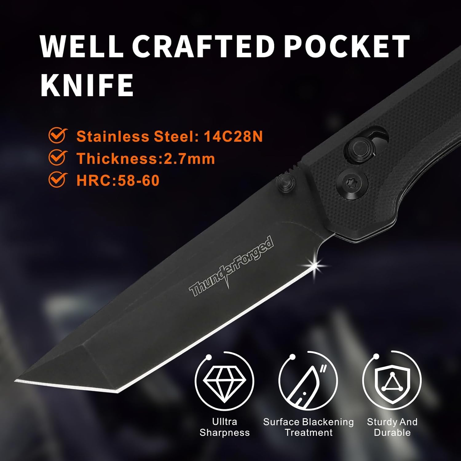 ThundeForged Camping Folding Knife - EDC Folding Knife with Crossbar Lock,14C28N Steel Blade, Black G10 Handle Lightweight Tactical Pocket Knife for Camping Outdoor Survival Hiking