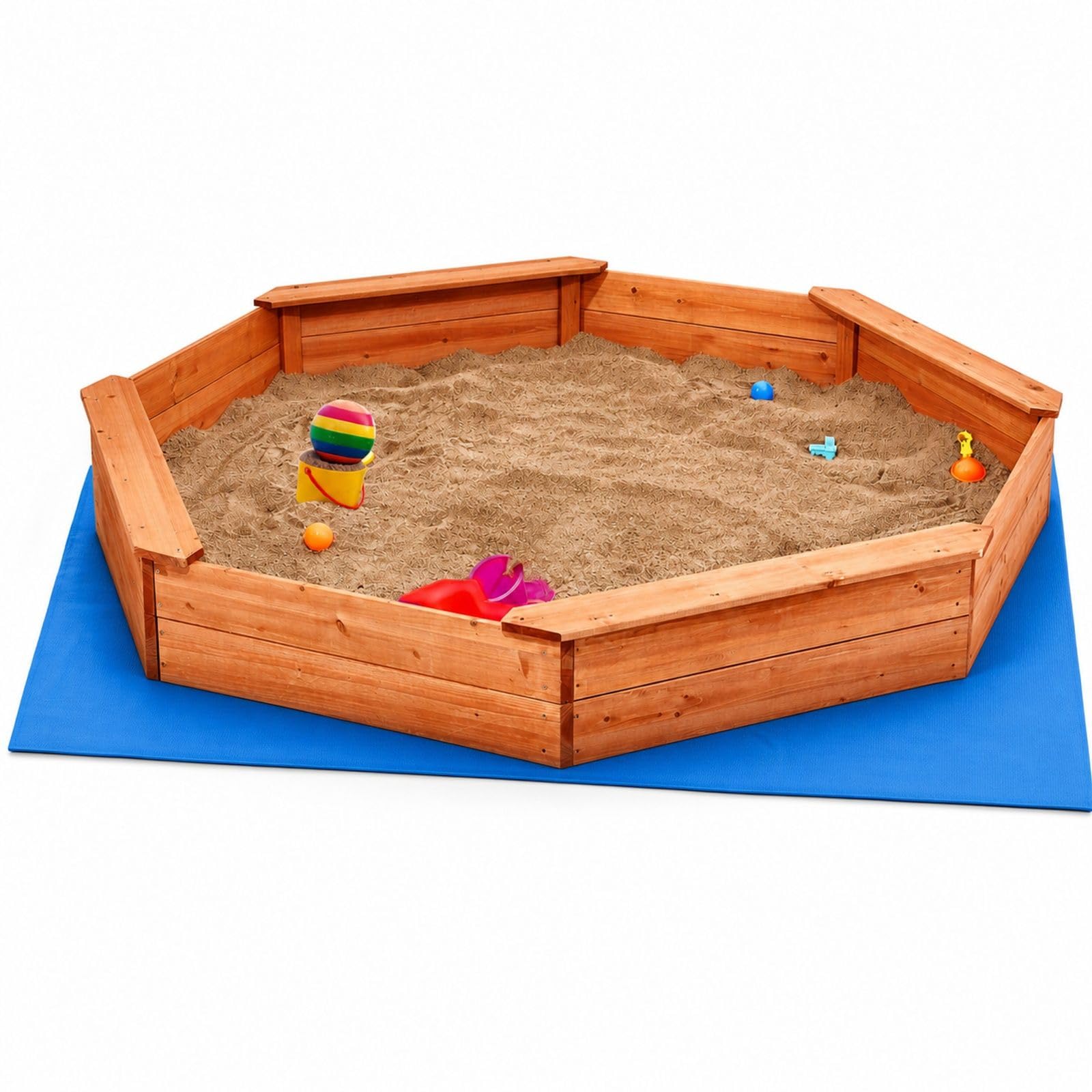 Achteckiger Sandkasten aus Holz mit Abdeckung und 4 Sitzplätzen für Garten und Außenbereich