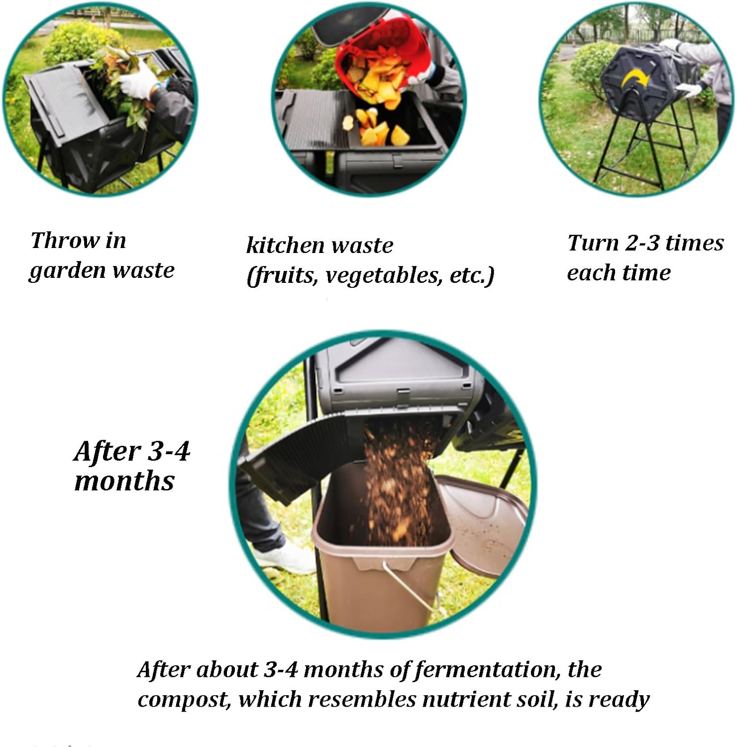 Compost Bin Outdoor, Large Tumbling Rotating Composter with Sliding Doors, Metal Frame and PE Shell, Four Chamber Composter Bin for Garden, Kitchen, and Yard Waste