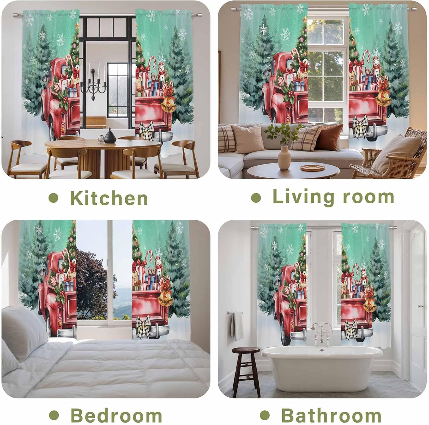 Christmas Teal Green Window Curtains 72 Inch Long 2 Panel Set,Rod Pocket Long Curtains & Drapes,Winter Xmas Tree Red Truck Snowflakes Window Treatment for Bedroom Living Room 52"W x 72"L