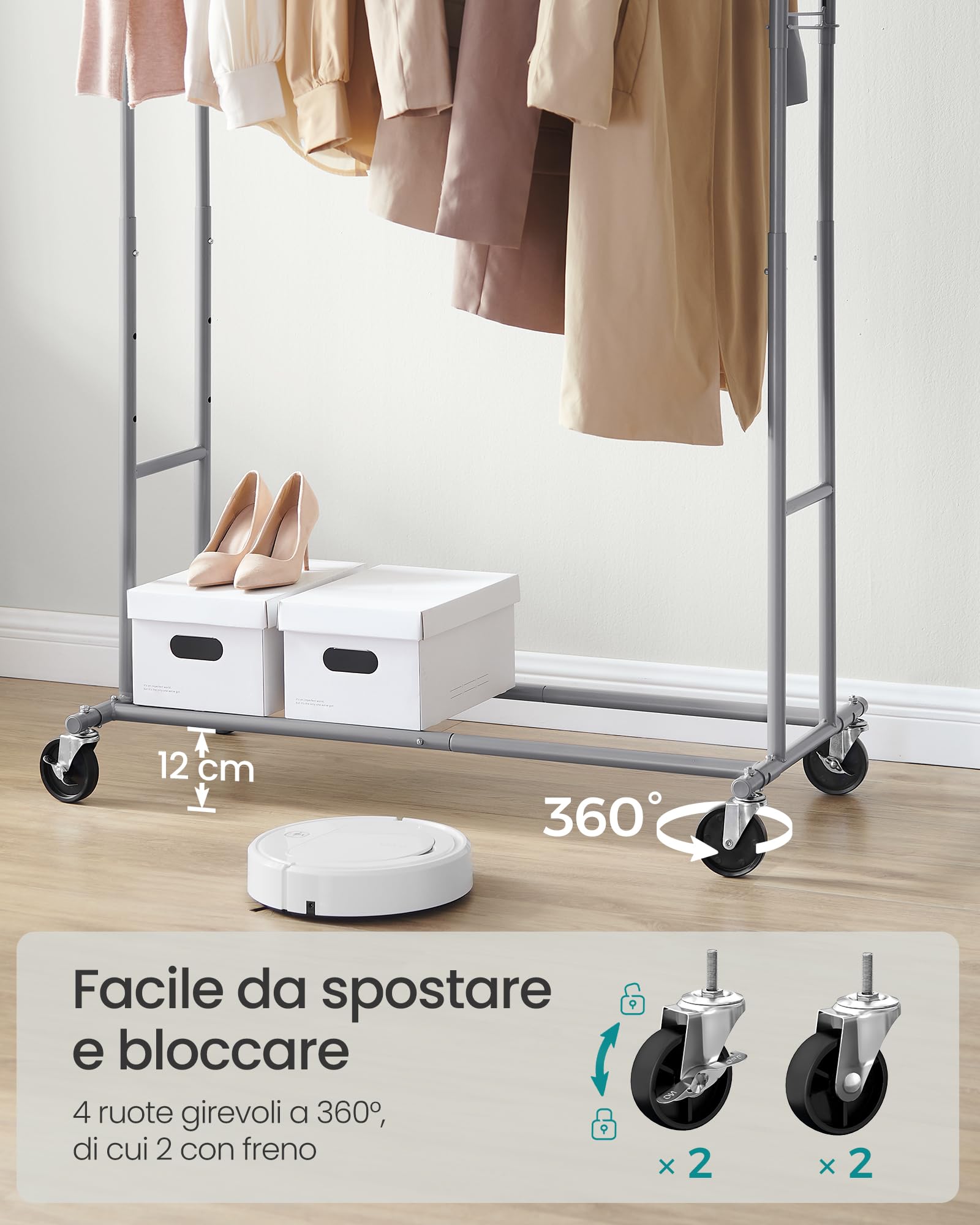 SONGMICS Stand Appendiabiti, Attaccapanni Estensibile con 4 Ruote, in Acciaio, Regolabile in Altezza e Larghezza, Grigio Tortora HSR012G01