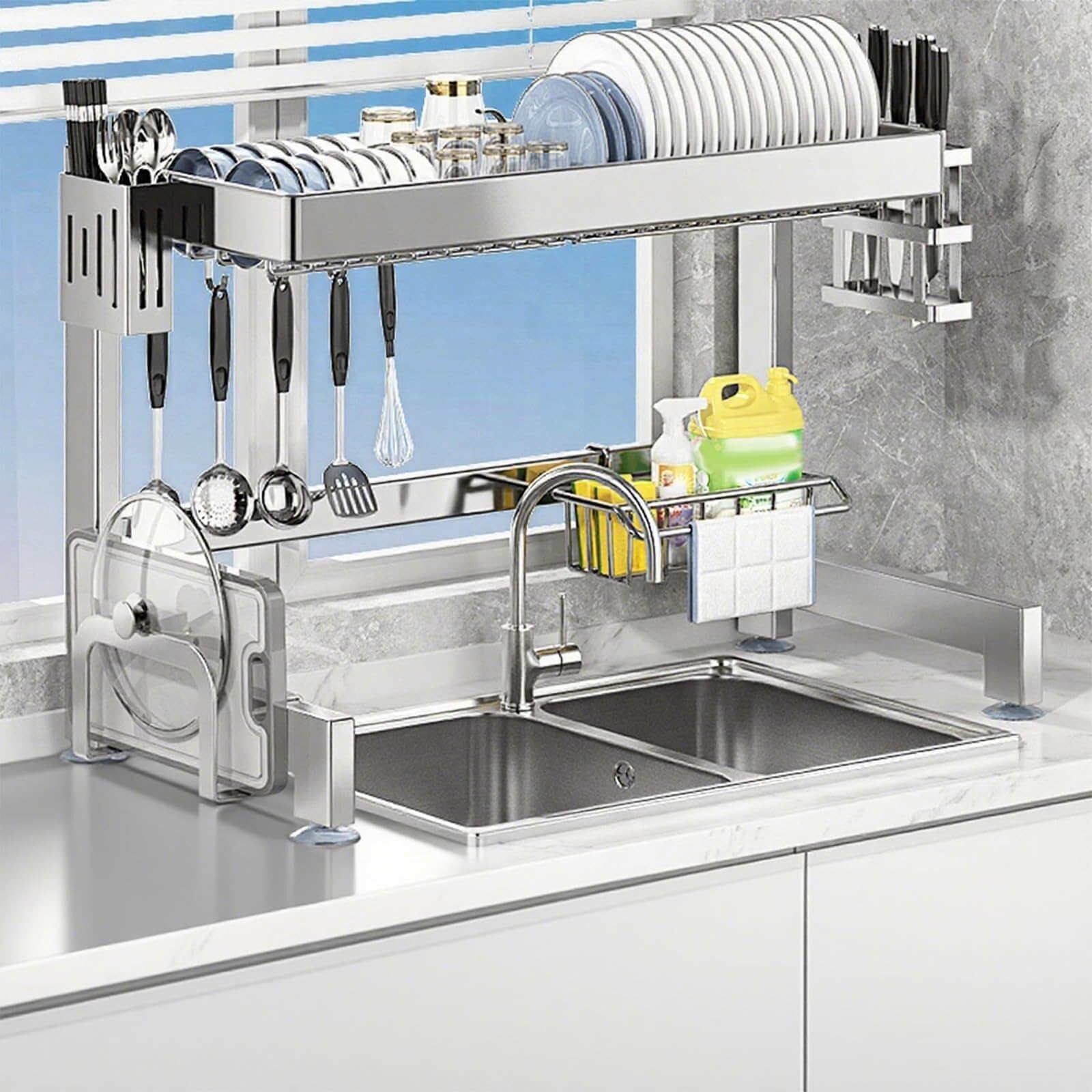 Lkvent dish drainer Over The Sink Dish Drying Rack Stainless Steel Drainer with Cutlery & Utensil Holders Kitchen Storage drying(Single Layer,75cm/29in)