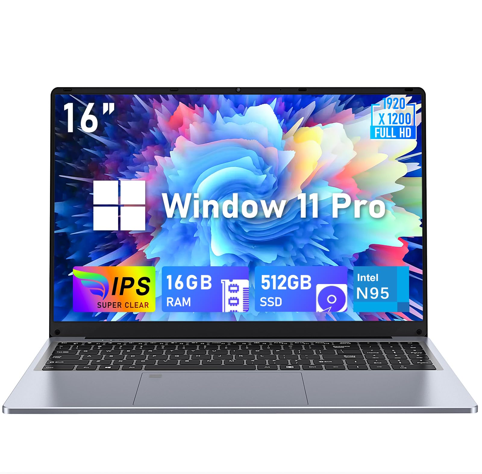16 Inch Gaming Laptop Computer, 2025 Window 11 Pro Lap Top 16GB DDR4 RAM 512GB SSD, Processor N95(Up to 3.4GHz), 1200p FHD IPS Display, Office 365, Backlit Keyboard, 6000mAh, Portatil