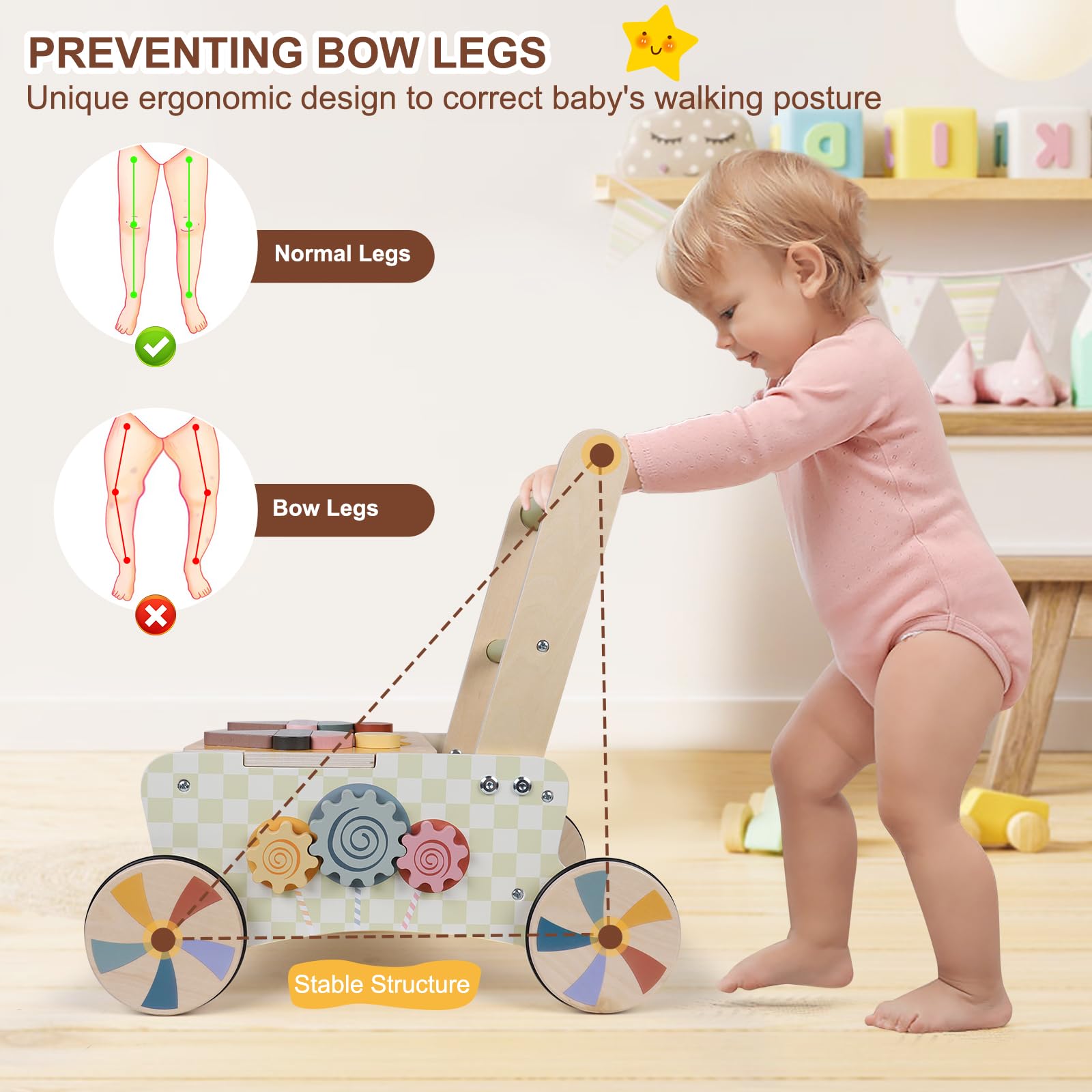 Kitchen Montessori Walker z drewna, zabawka Baby Walker z regulowaną prędkością