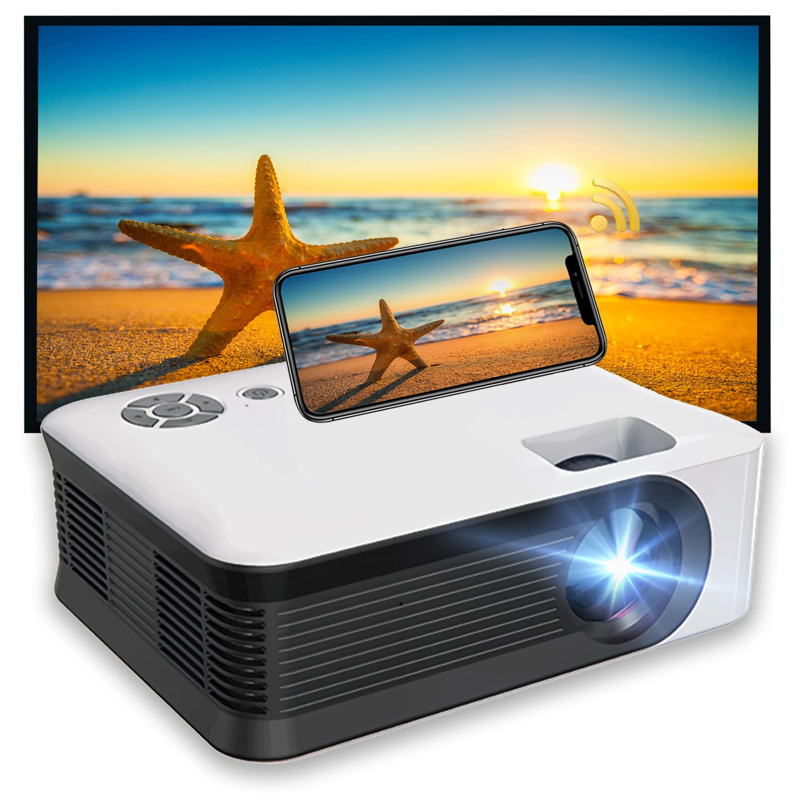 Portable Video Projector, 1080p 3000 Lumens A30AIR Home Theater Phone Mirroring Projectors, 5000:1 contrast Movie Projector with Built-in Speaker Mobile Phone Projector (Black & White)