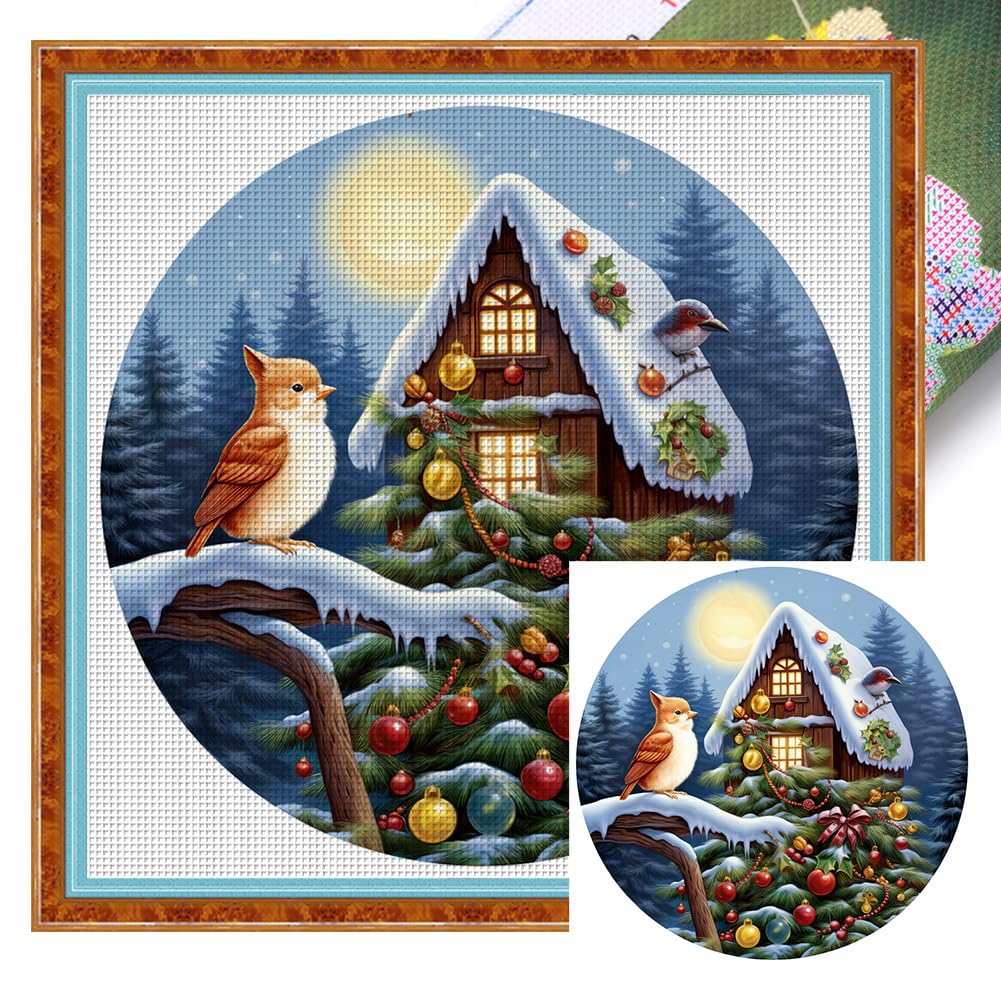 Amzgshop Xmas Cottage Cotton Thread 11Ct Xmas Cross Stitch 40X40cm (A)