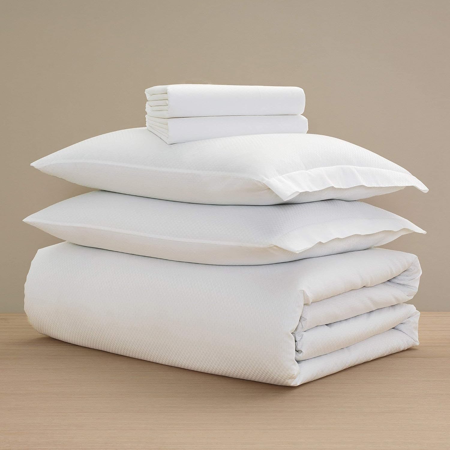 H by Frette Checkered Sateen Junior Suite Bed Bundle (Twin) - Luxury All-White Bedding Bundle/Includes Pillowcases, Top Sheet, Fitted Sheet, and Duvet Cover