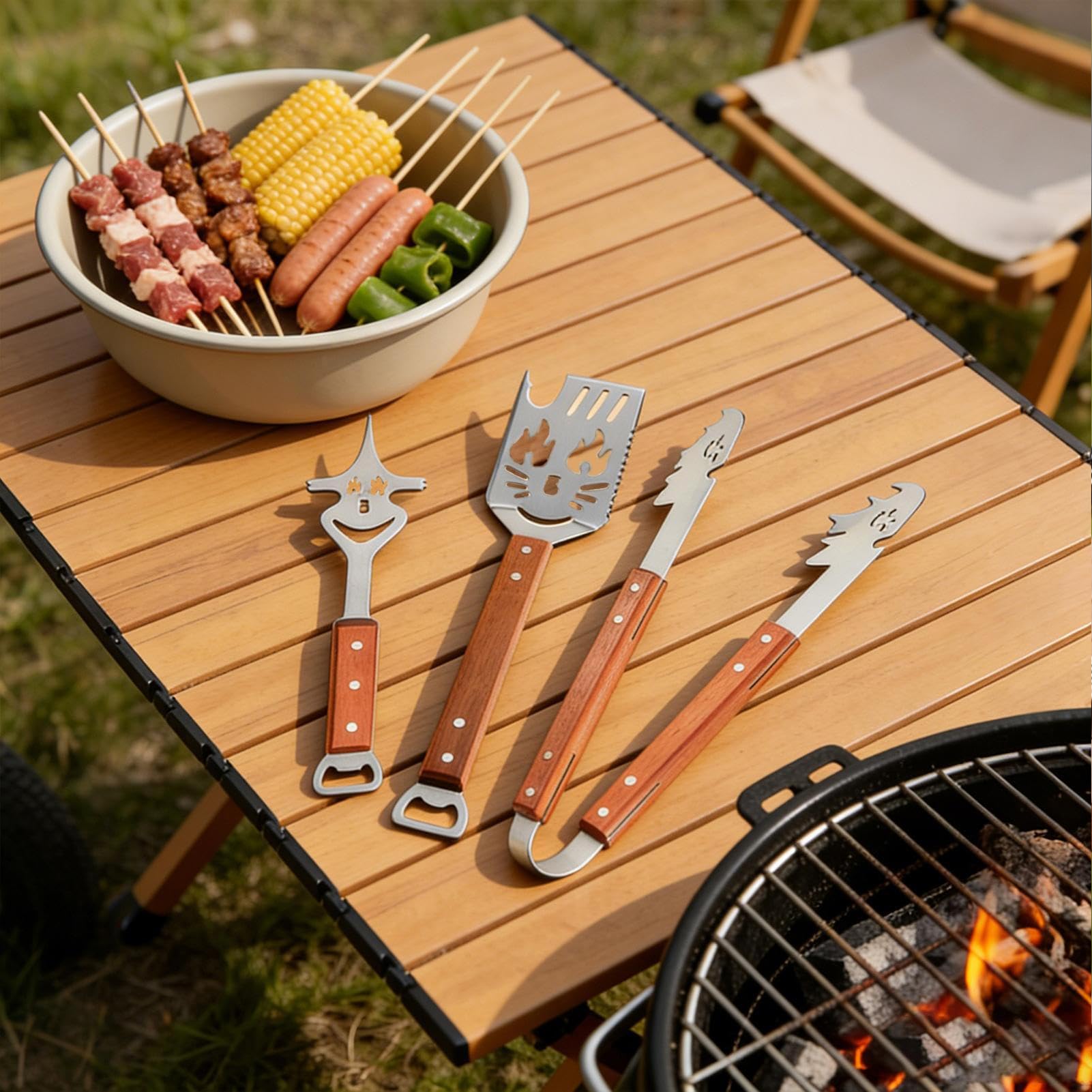 Set Di Utensili Da Barbecue, Griglia 3 Pezzi Multifunzionale Compatto | Set Utensili Barbecue Esterno Per Uomo Regalo