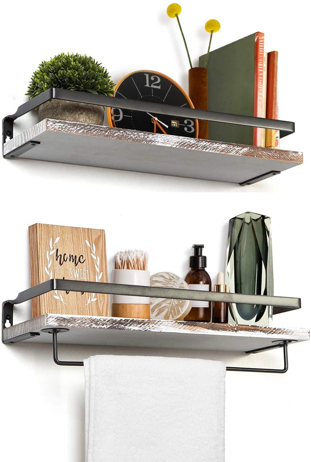 Mensola sospesa da parete in legno, con portasciugamani, rustica, ideale per soggiorno, camera da letto, corridoio, bagno, 2 pezzi (bianco lavato)