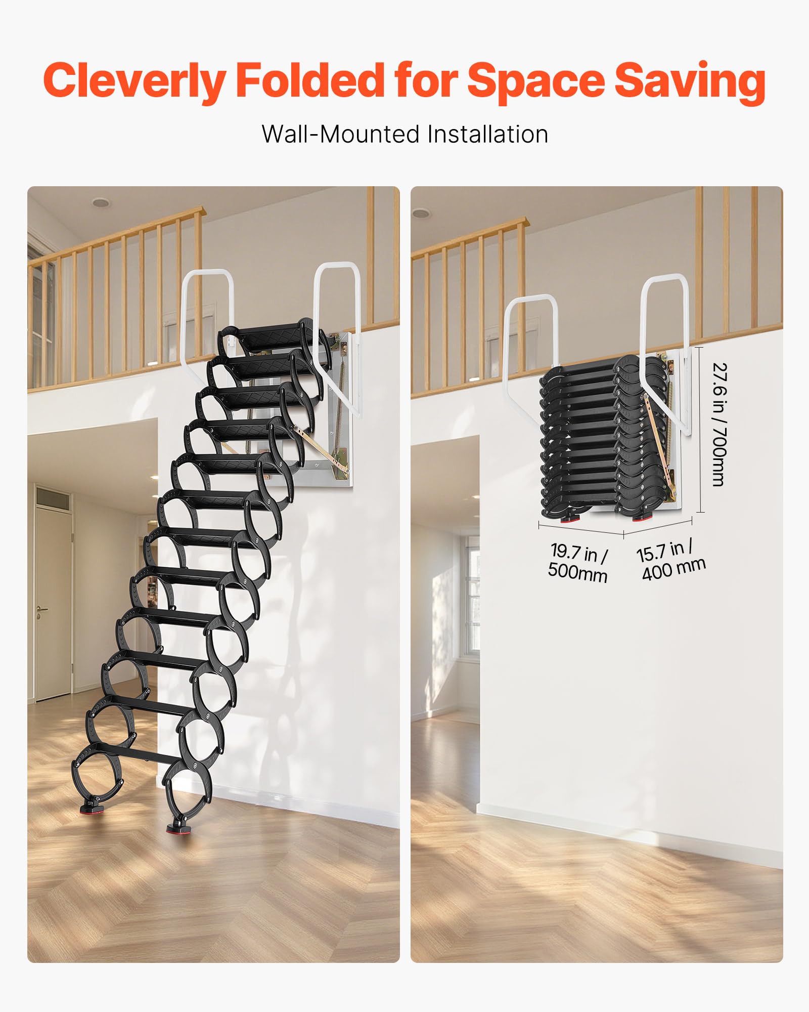 VEVOR Dachbodenleiter zur Wandmontage, Tragkraft 299,4 kg, passend für Deckenhöhen von 2,9 bis 3,05 m, 12-stufige Stahl-Scherentreppe mit Handläufen, für Dachböden, Garagen, Dächer, Keller