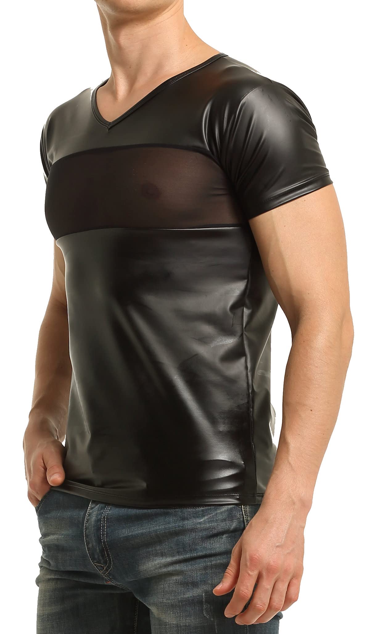 T-shirt pour homme similaire au latex avec empiècement en maille