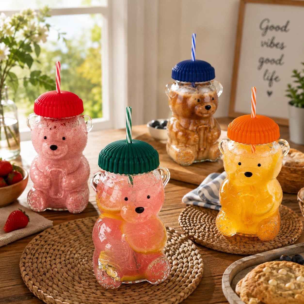 Teddy Bear Glass Cups with Lids & Straws, 17 oz Bear Shaped Drinking Jars, Set of 4 with Metal Lids & Assorted Color Hat Toppers