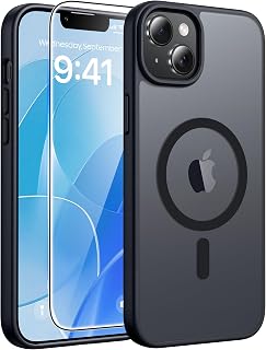 FNTCASE for iPhone 15/14 Plus Case, Fit for Magsafe, Screen Protector Black | Translucent Matte Magnetic Back, 14FT Military Grade Drop Protection, Shockproof Protective Phone Cover, Black