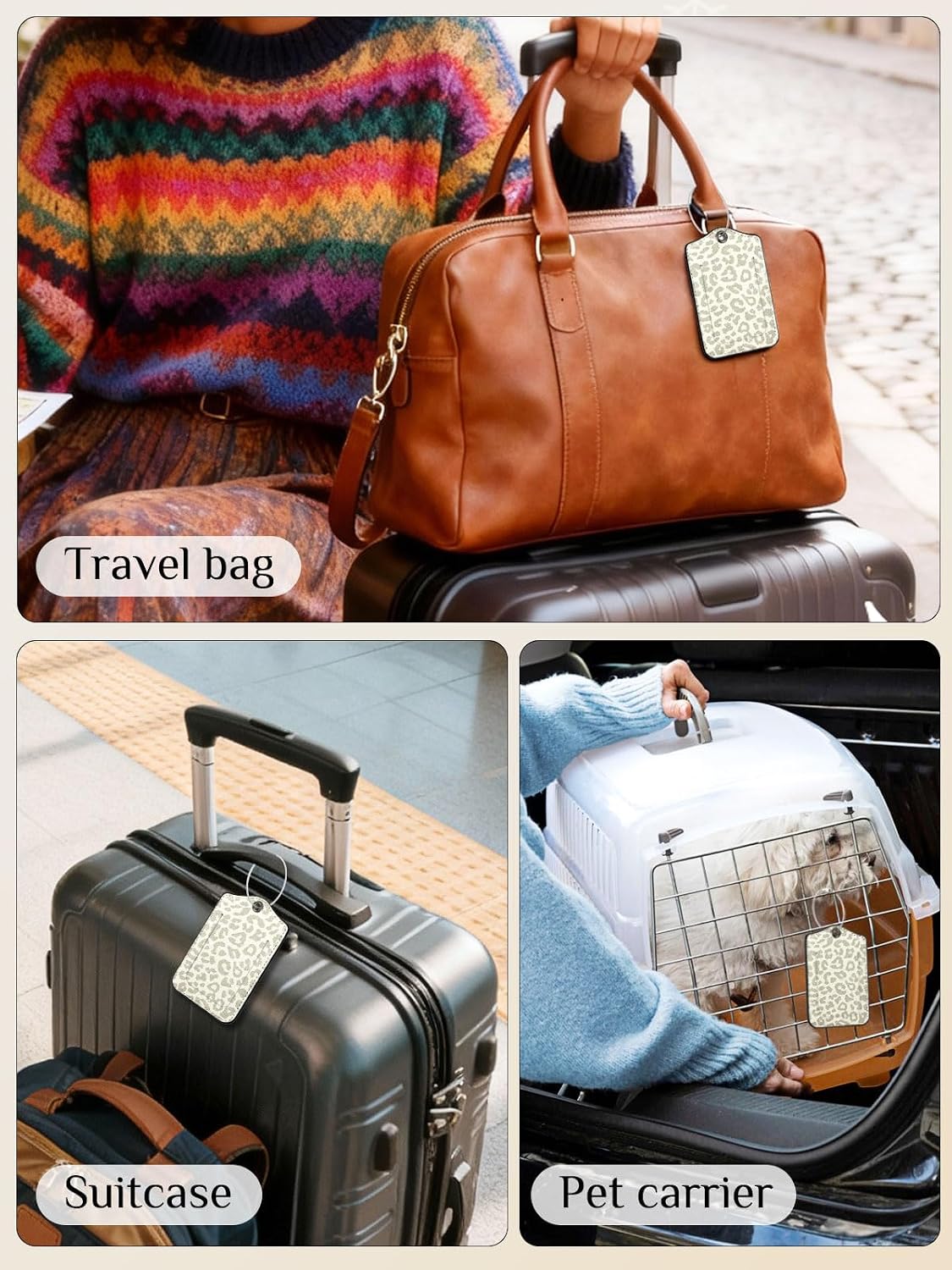Seorsok 2 PCS Luggage Travel Tags for Suitcases,Cute Grey Leopard PU Leather Name Tag with Privacy Cover&ID Label Address Card and Durable Metal Ring Suitable for Men Women Handbags Backpack,Grey image 5
