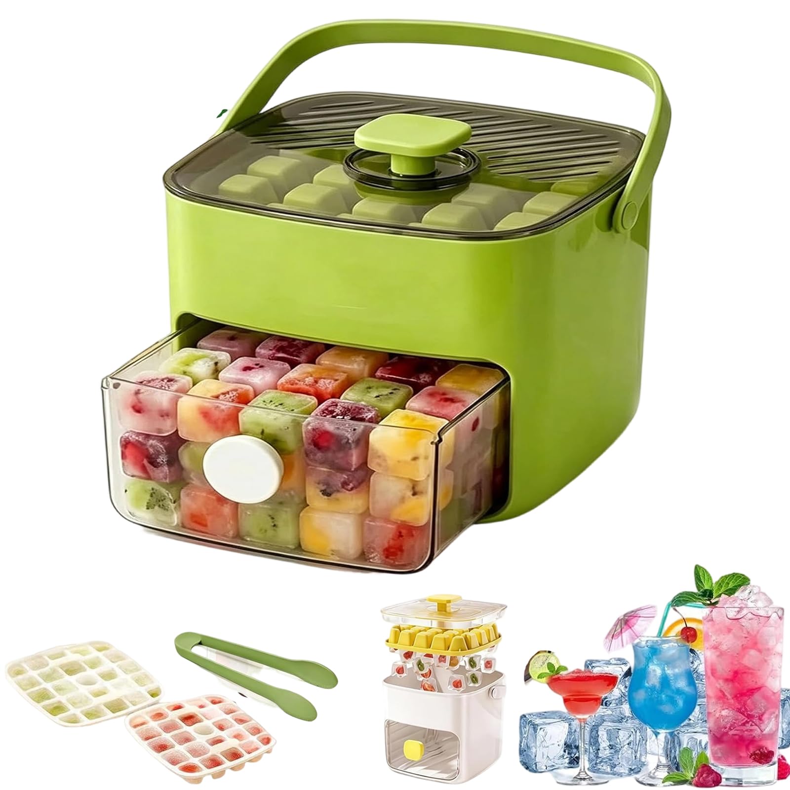 48 Cube Double Layer Ices Maker Machine, 2026 New Ice Cube Machine, Portable Ice Maker with Lid and Storage Box, Handled Press-Type Ice Cube Tray for Drinks Cocktails Beverage (green)