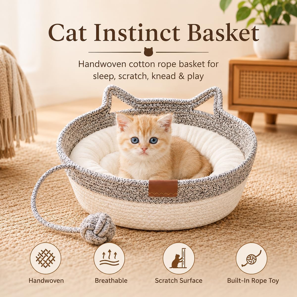 Instinct Basket for Cats, Handwoven Cotton Rope Cat Basket Bed with Toy Ball and Cat Ear Handles, Scratchable Breathable Round Woven Cat Basket for Indoor Cats (Large,Gray White Basic) thumbnail