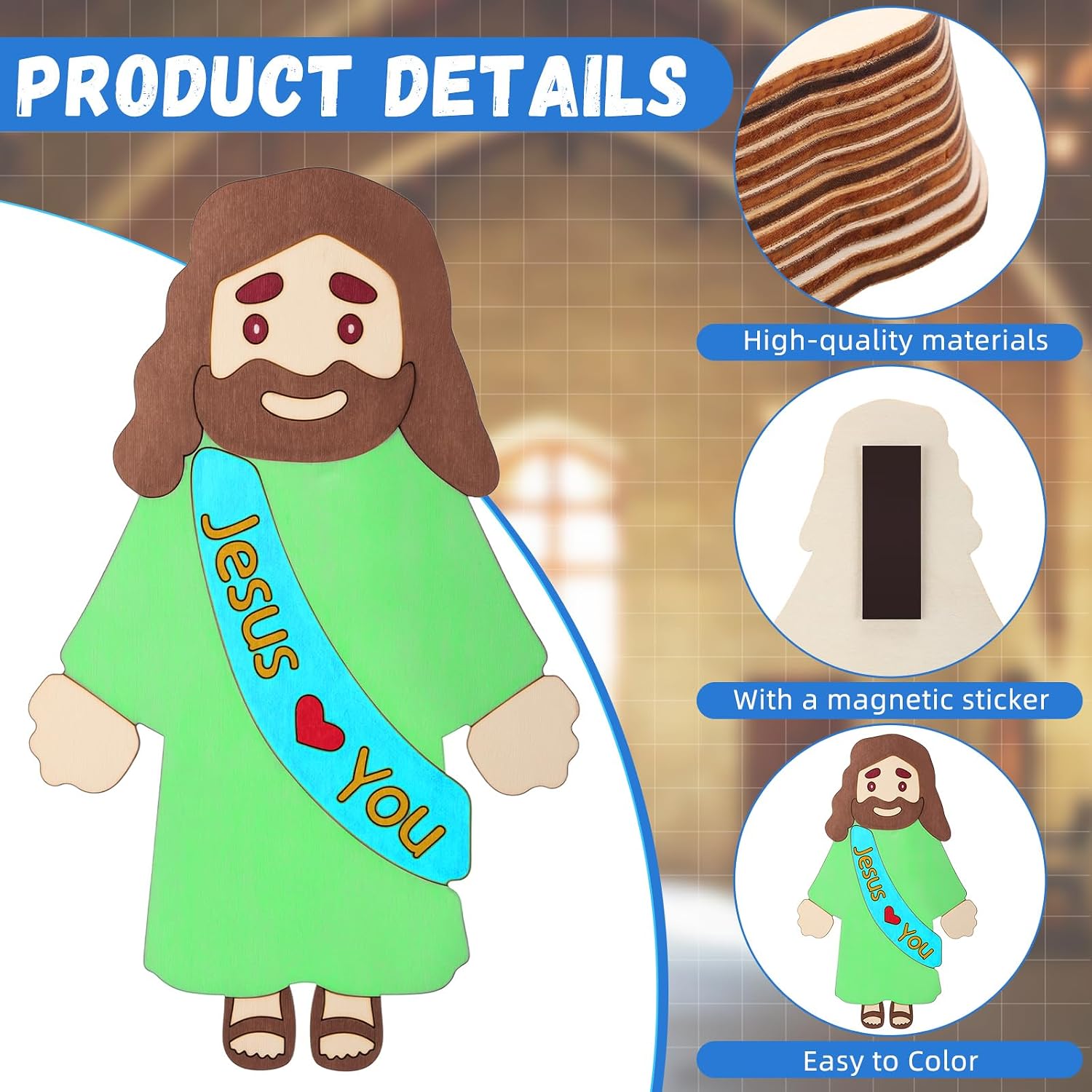 Blueweenly 24 Sets Jesus Figure Crafts DIY Wood Magnet for Kids Sunday School Vacation Bible School Craft Color Your Own Jesus Loves You with Magnets and Color Pens for Activity