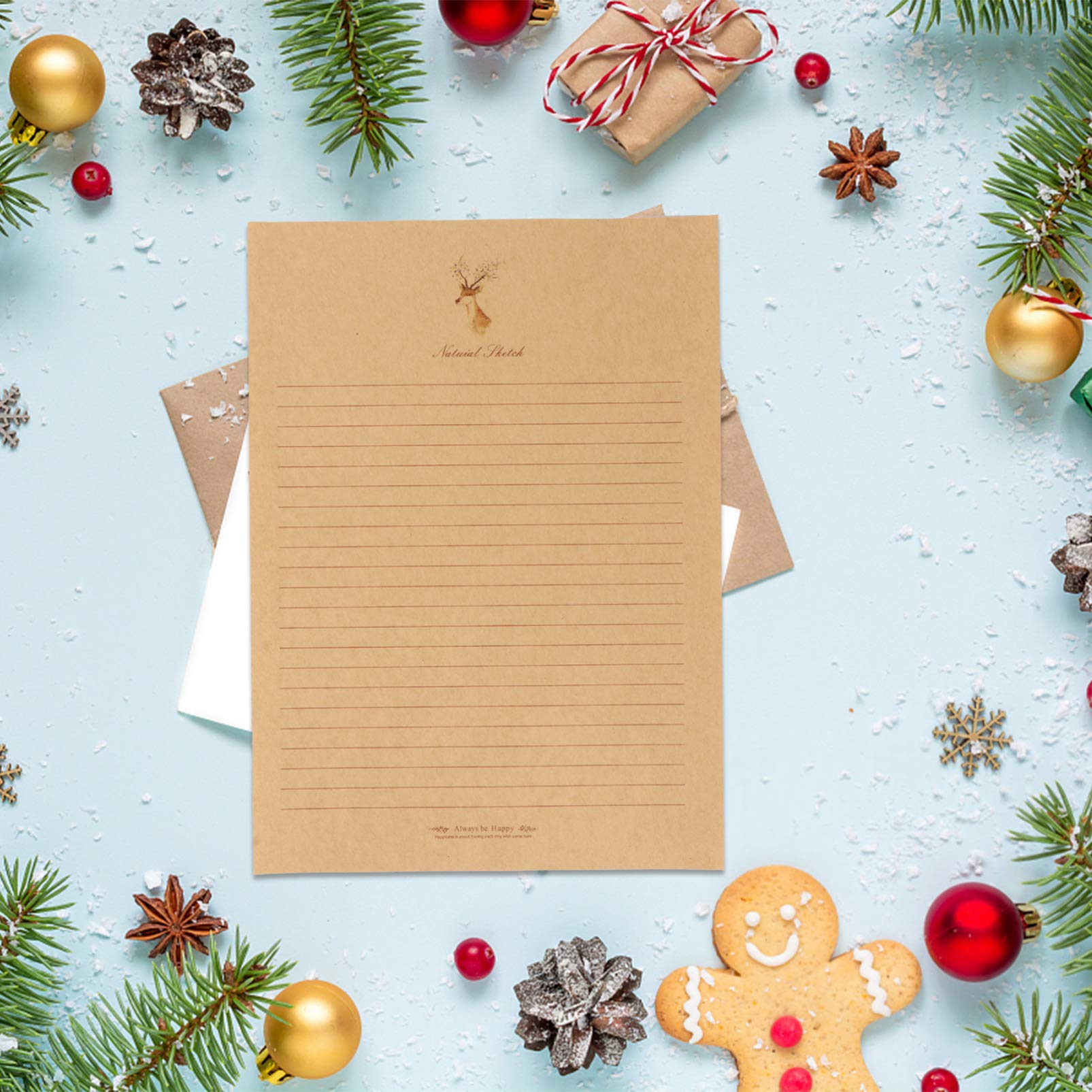 Set di Carta da Lettere Kraft con Motivo Cervo, 80 Pezzi
