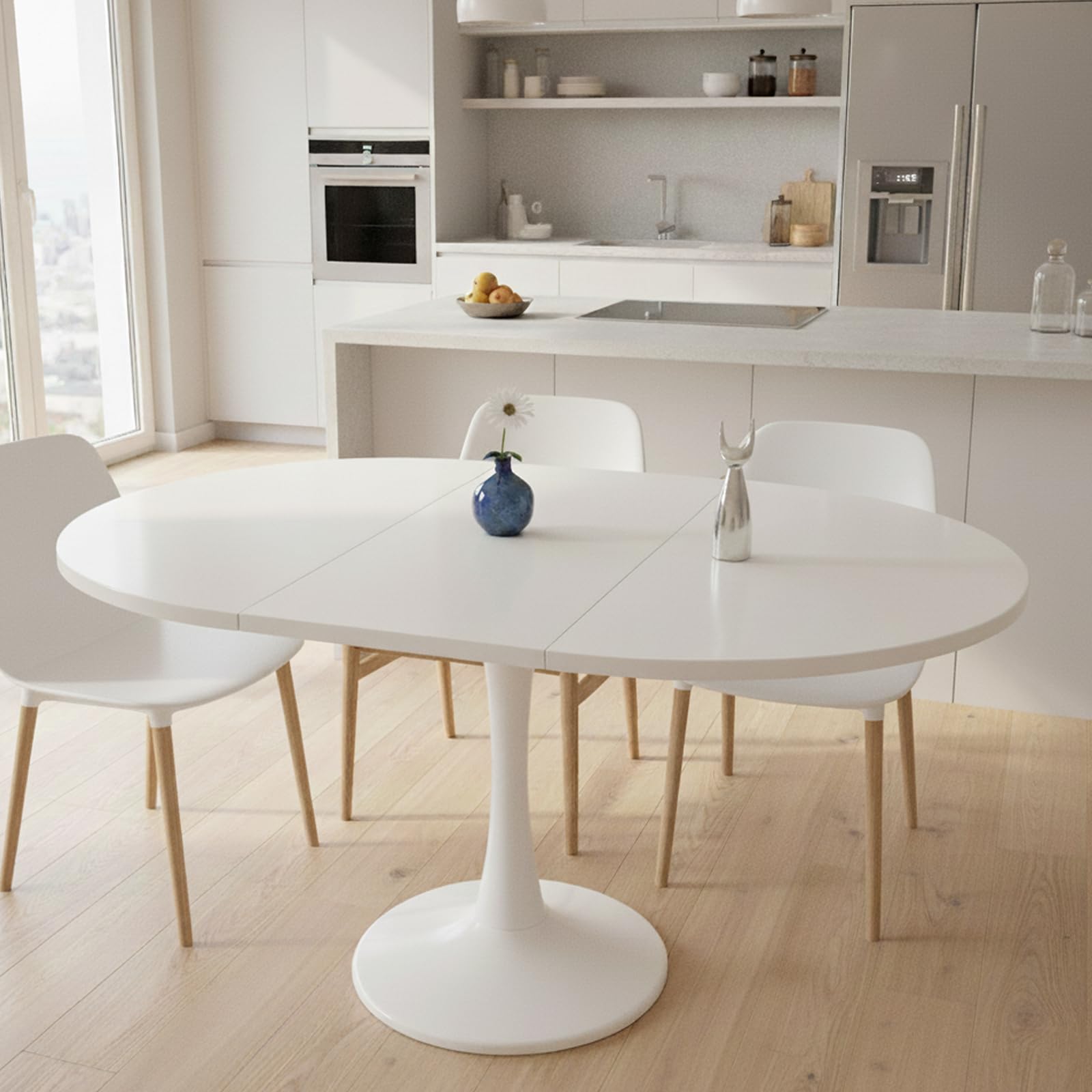 Tavolo da pranzo rotondo allungabile, tavolo da cucina 100/140 x 100 x 75 cm, tavolo da pranzo rotondo bianco per 2-6 persone, tavolo da pranzo allungabile per spazi multifunzionali