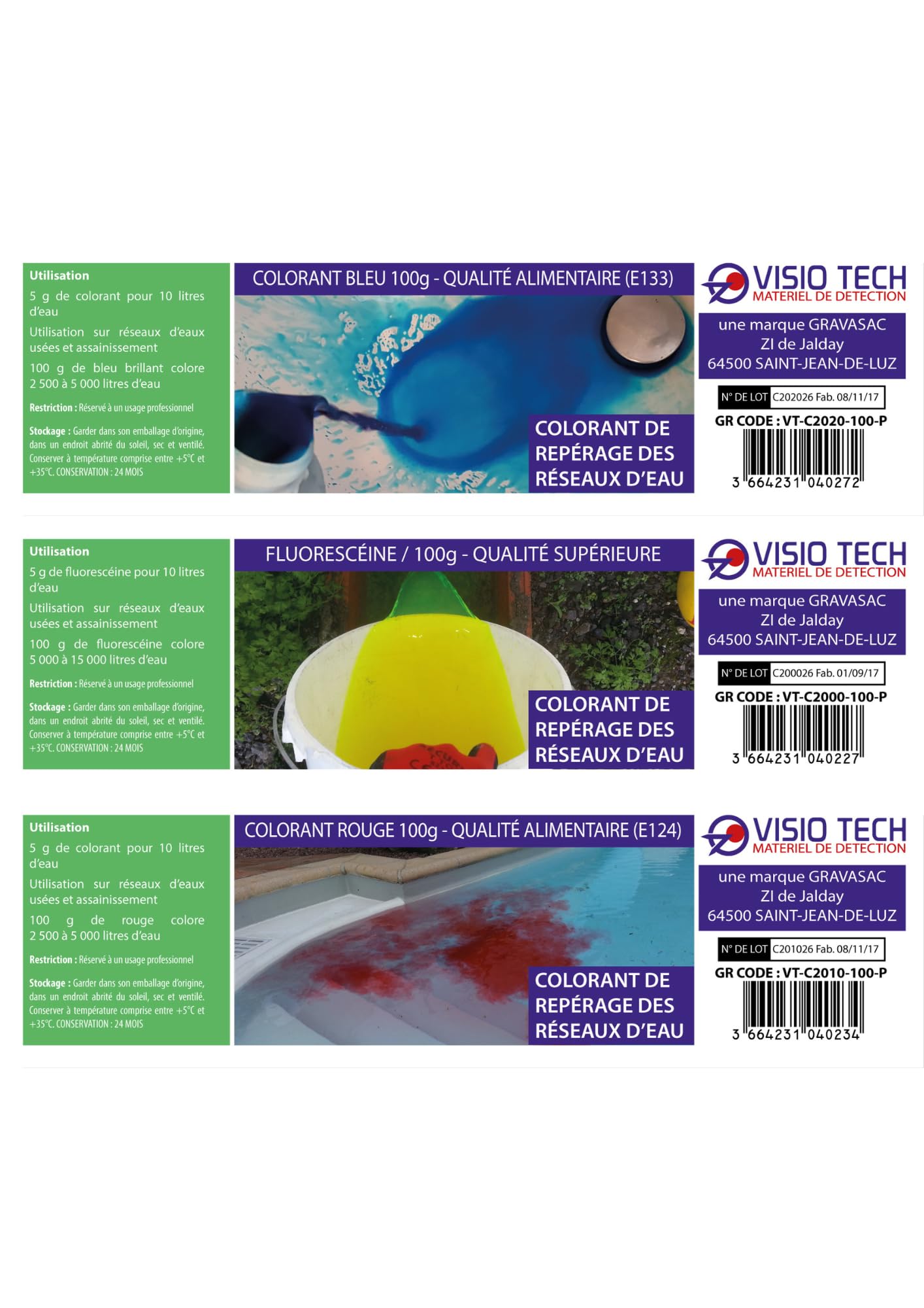 Pack 3x 100 g Fluorescéine & Colorants Traçage (Vert, Rouge, Bleu) – Détection de fuites, Repérage réseaux eau, traçage canalisations – Poudre Soluble