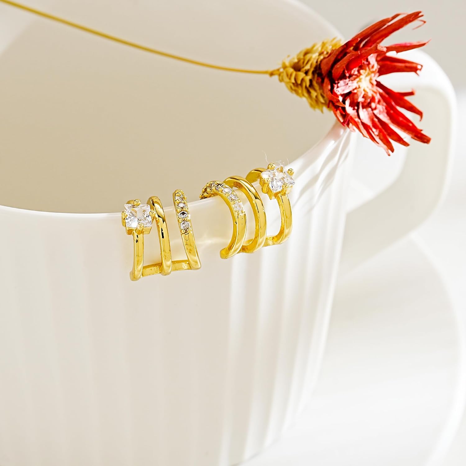 Gold Triple Hoop Illusion Stud Earrings, 14K Chunky Gold Plated Hoop Earrings Cuff Earrings for Women Trendy, Hypoallergenic Earrings Set Jewelry Gift - Image 4