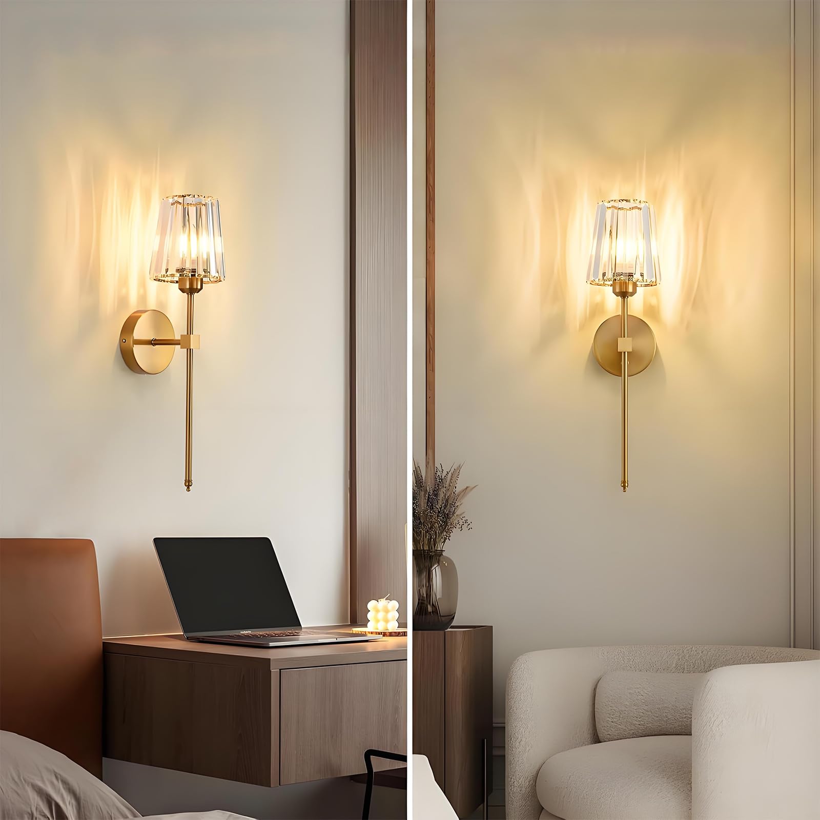 Applique da Parete in Cristallo Dorato - Set di 2, Lampade da Parete Vintage di Lusso con Cristallo K9 e Struttura in Ottone, E27 Cablaggio Fisso per Camera da Letto, Soggiorno (Ombrello)