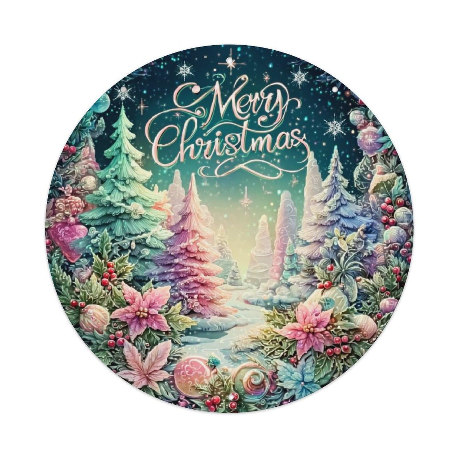 Merry Christmas Winter Forest Scene Retro Metal Sign Round Tin Sign, Vintage Decor Art Poster for Bar, Home, Man Cave, Kitchen, Laundry Room Gift 8x8Inch