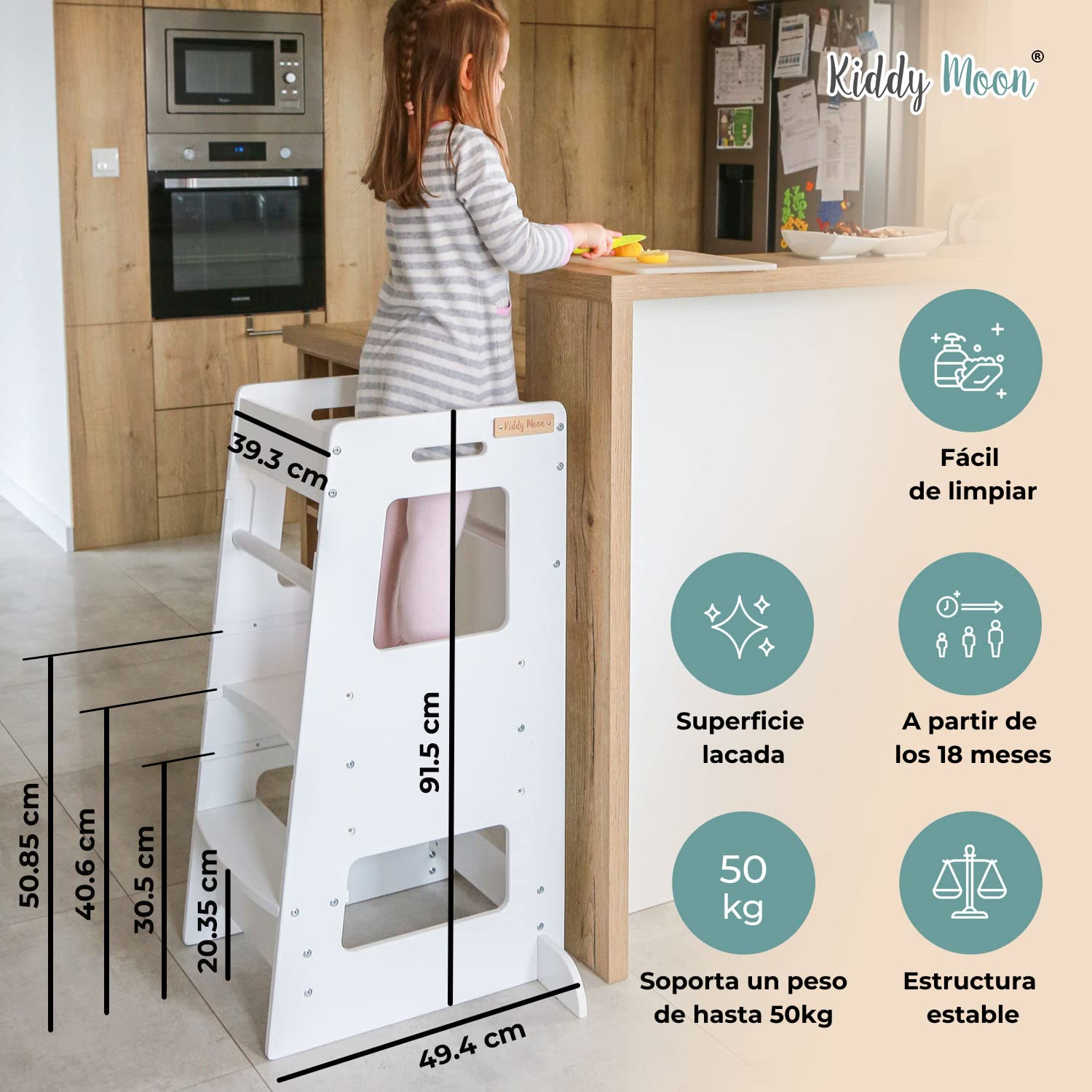 KiddyMoon Torre De Aprendizaje Montessori para Niños, Altura Ajustable (3 Niveles), Antivuelco, Barra De Seguridad, Natural