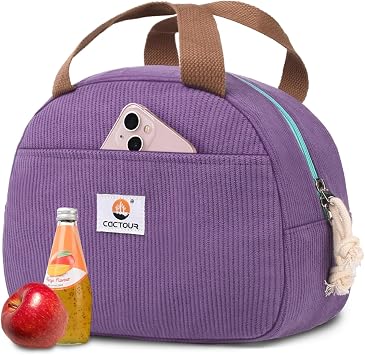 CaCTOUR Lunch Box for Women Girls, Cute Corduroy Insulated Lunch Bag, Wide Opening Reusable Bag with Front Pocket for Work, Office, School & Picnic Purple