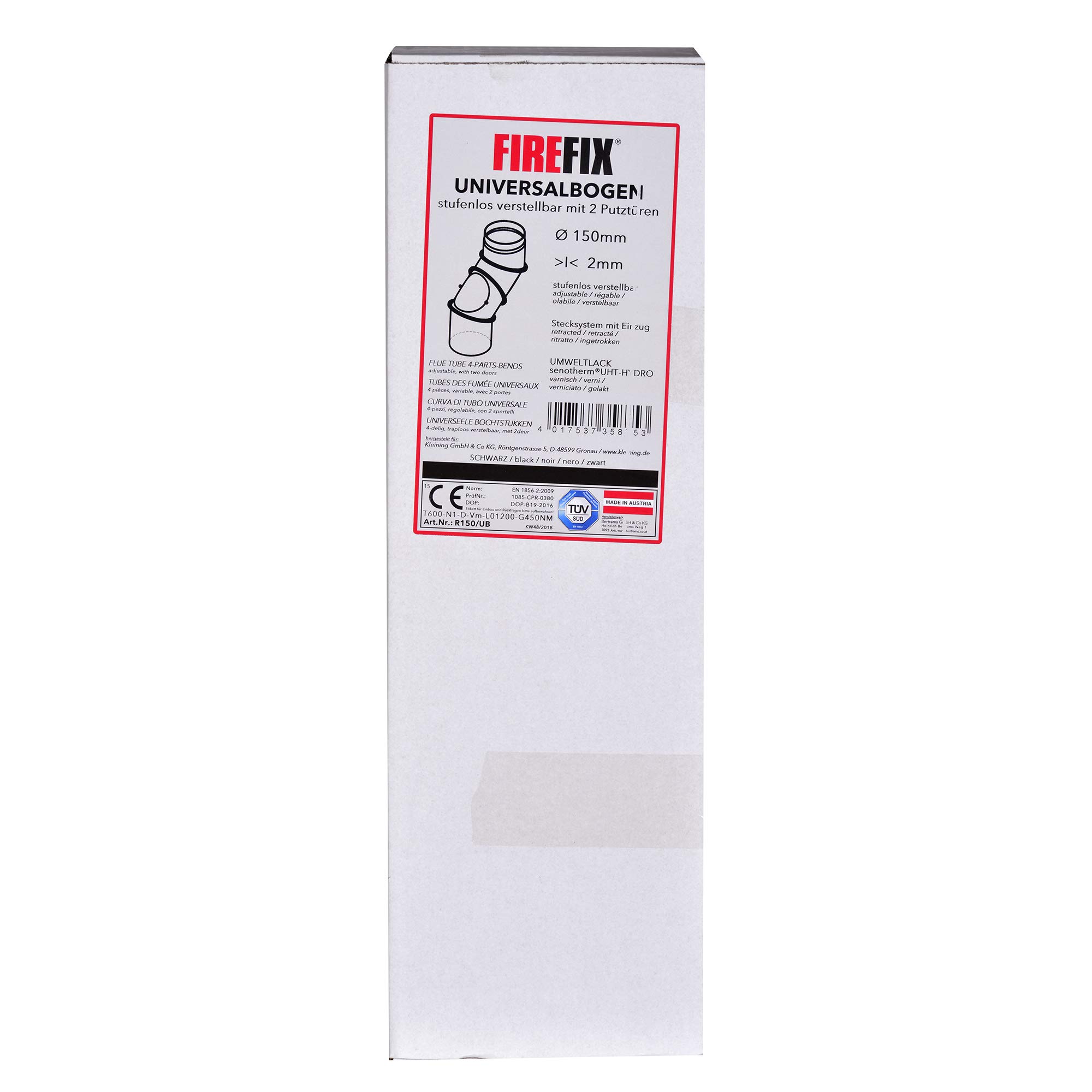 FIREFIX R150/UB Universal-Ofenrohrbogen aus 2 mm starken Stahl (Rauchrohr) in 150 mm Durchmesser, für Kaminöfen und Feuerstellen, Senotherm, schwarz, 0-90 Grad verstellbar, mit zwei Reinigungstüren