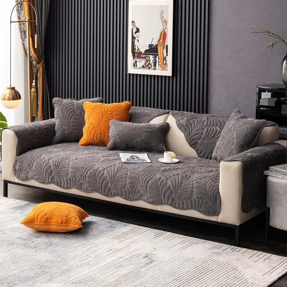 vctops Chenille Leaf Quilted Sofa Couch Cover Scalloped Edge Sectional Couch Cover Super Soft Non Slip Sofa Slipcover Furniture Protector for Pets Kids Children Dog Cat (Dark Grey,28"x70")