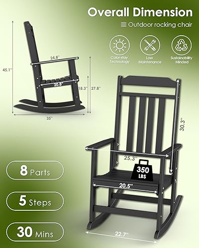 Miniatura 3 de GREENVINES Juego de 2 sillas mecedoras para exteriores  Plástico HDPE  Mecedoras de patio  Silla mecedora de porche  De gran tamaño  Respaldo alto