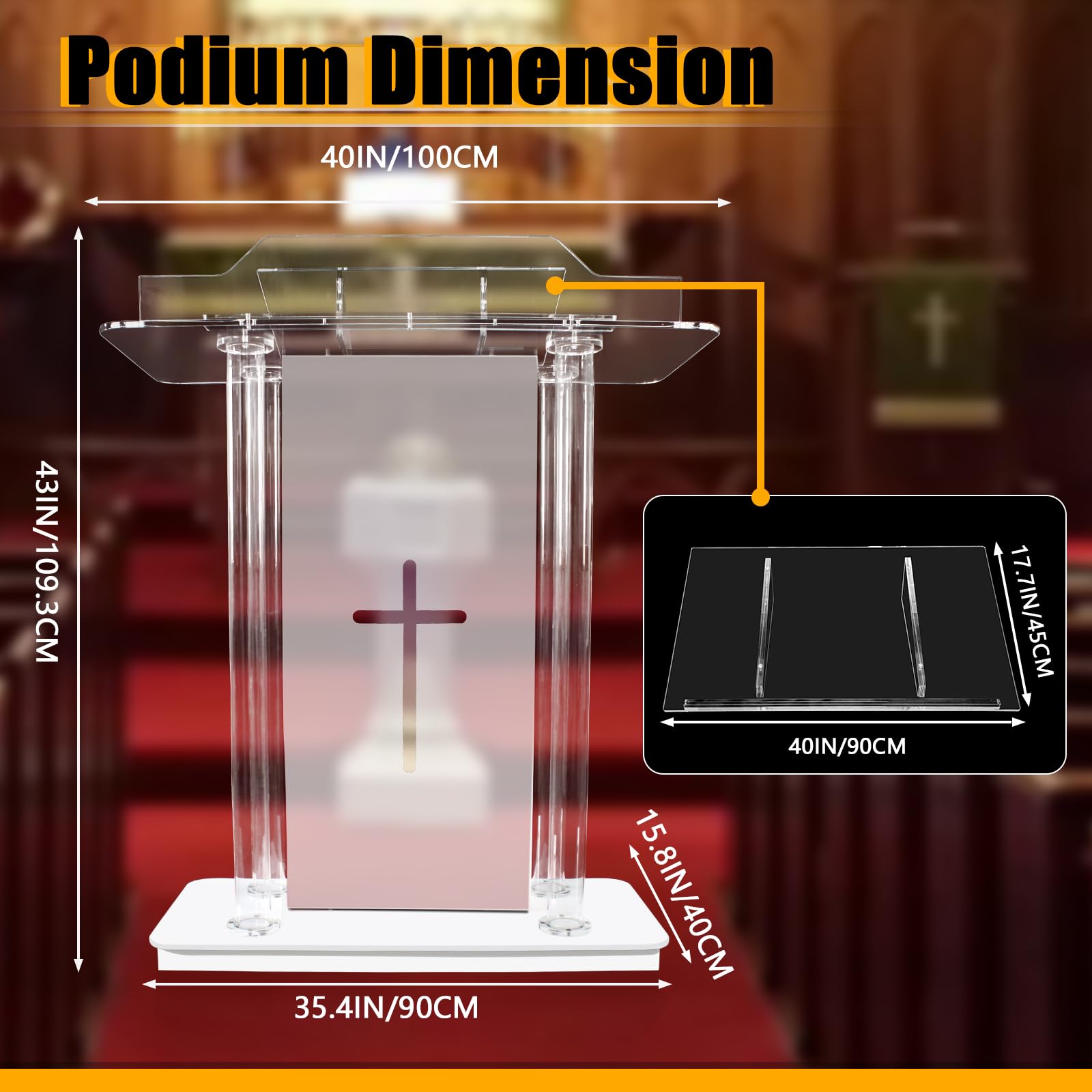 Afitdon Chaire d'église Pupitre en Acrylique Transparent avec Roues et 15 Couleurs de lumière LED réglables, Grand Support Acrylique pour église, Concert, conférence, Mariage, Salle de Classe
