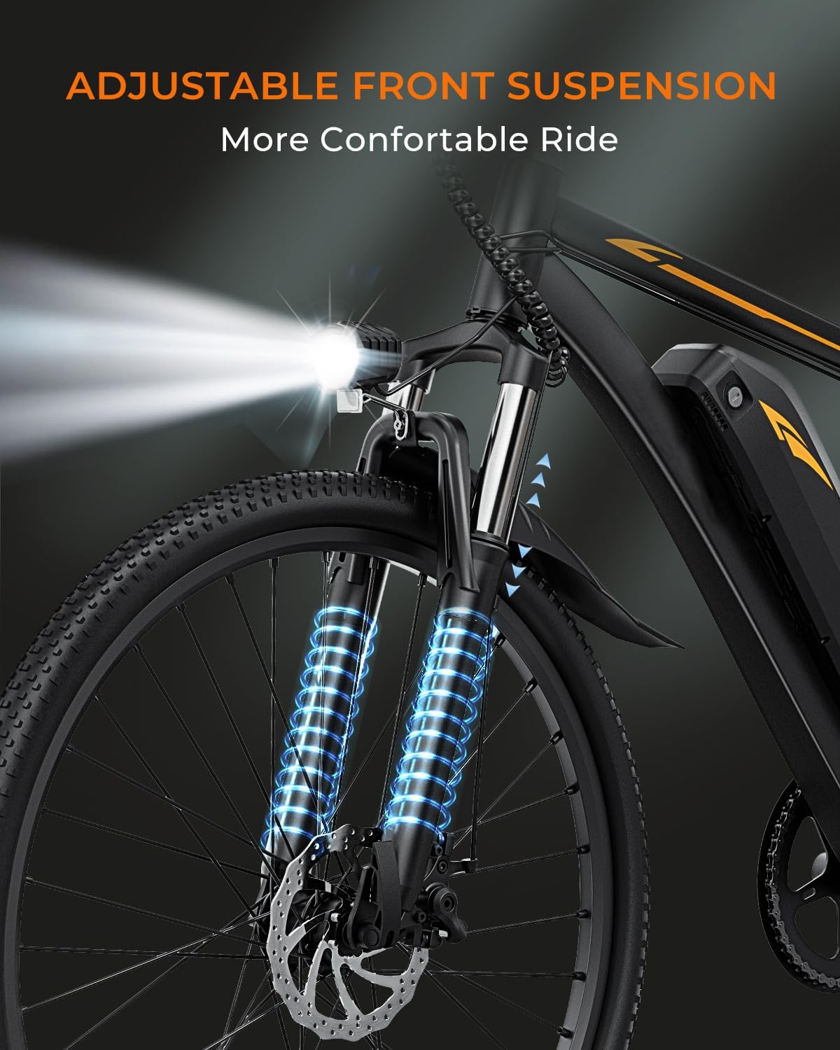 Close-up of the adjustable front suspension on the DYU M26 electric bike.