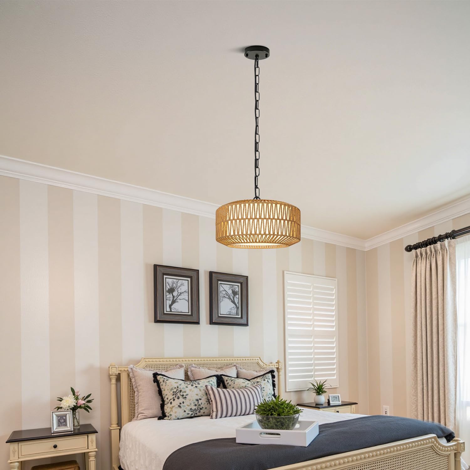 Farmhouse Chandelier Light Fixture, 1-Light Rattan Boho Chandeliers for Dining Room, Hand Woven Pendant Light with Linen Shade, Rustic Hanging Lighting for Kitchen Island, Bedroom (Bulb Not Included)