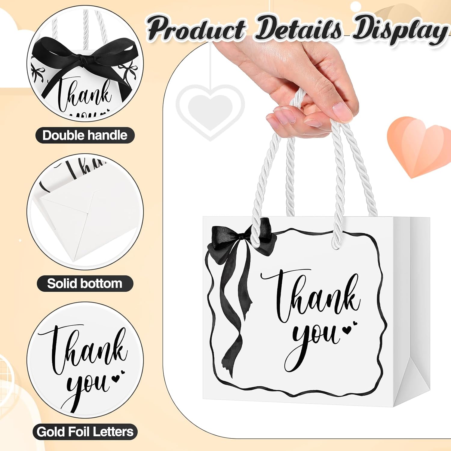Kolldenn 24 Pcs Valentines Day Gift Bags with Handles, Small Thank You Paper Bags with Bow Ribbon, 5 x 2.5 x 4.7 in Paper Party Totes for Wedding, Baby Shower, Bridal Shower(White,Black) - Image 4