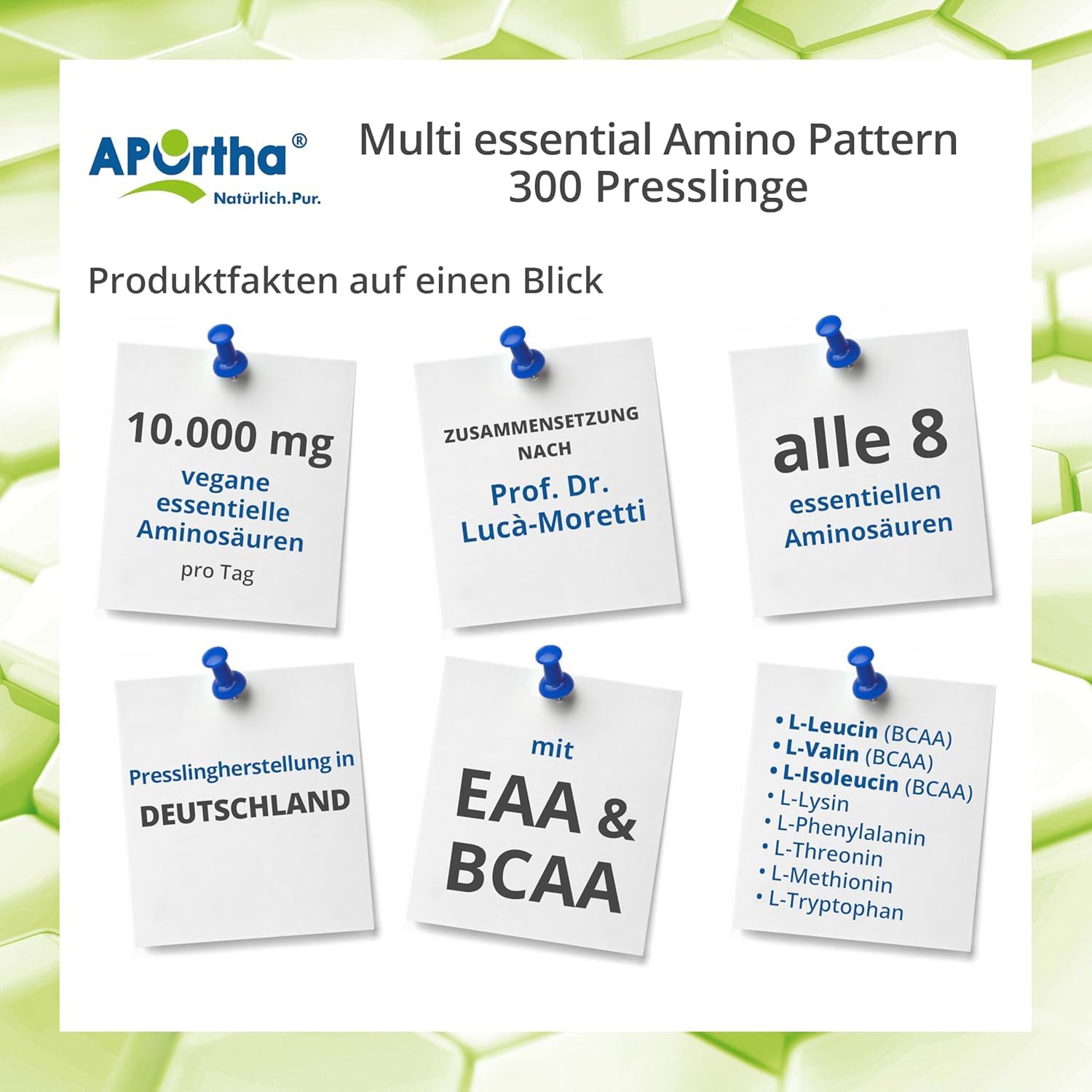 APOrtha® Multi Essential Amino Pattern – 300 Presslinge mit 8 essentiellen Aminosäuren nach Prof. Dr. Lucà-Moretti, ausgewogenes Aminosäuren-Profil, EAA Presslinge, vegan