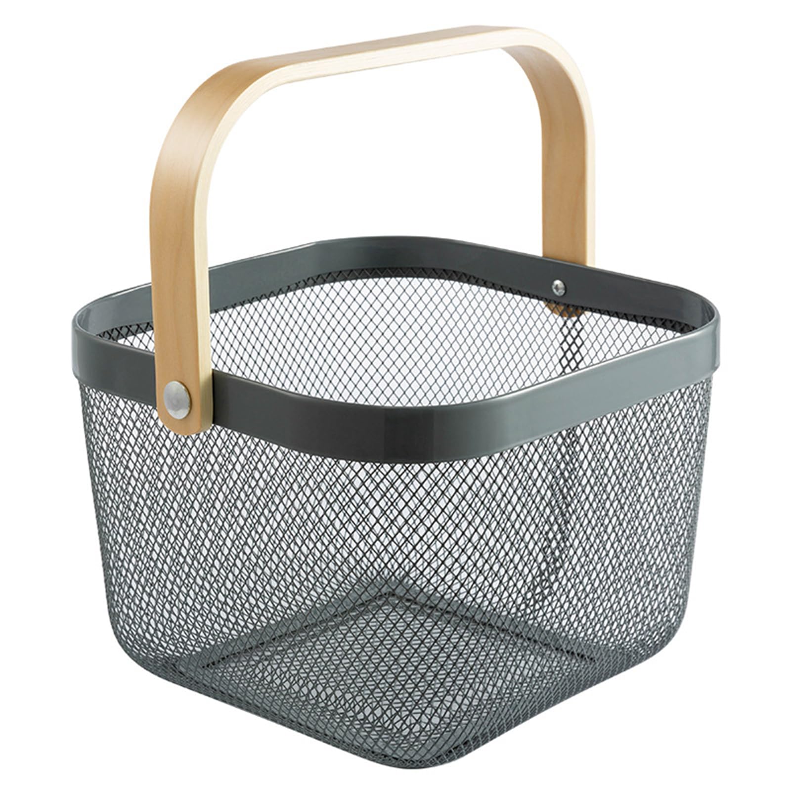 AJIODA Metal Mesh Steel Basket, Storage Organizer Basket Multi-functional Hanging Kitchen Baskets Fruit Basket with Wooden Handle for Kitchen Bathroom