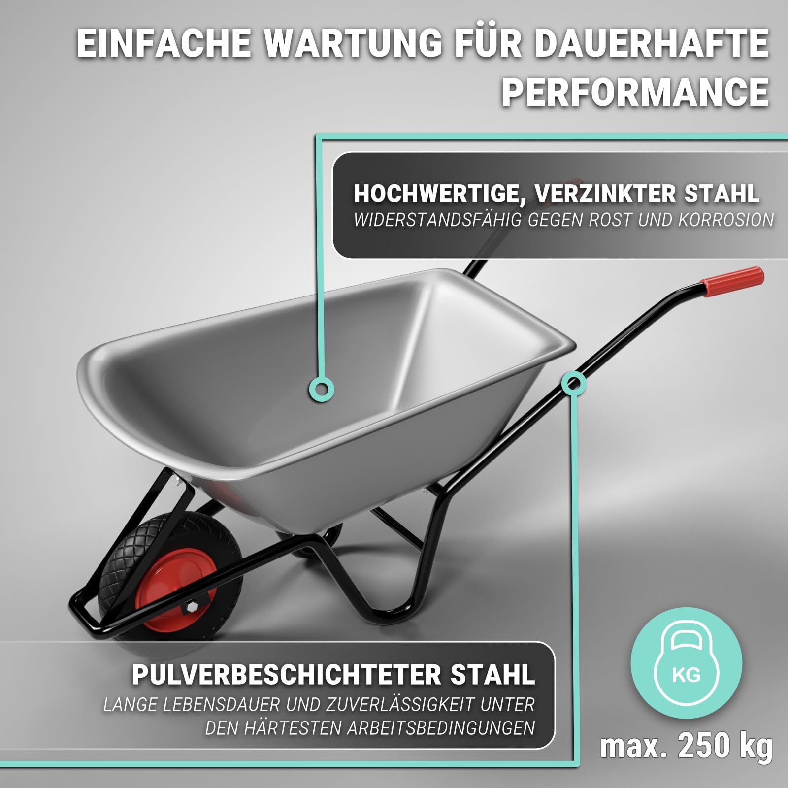 Schubkarre | 100 Liter Kapazität | 250 kg Tragkraft | verzinkter Stahl | pulverbeschichteter Rahmen | 40 cm Reifen | vielseitig