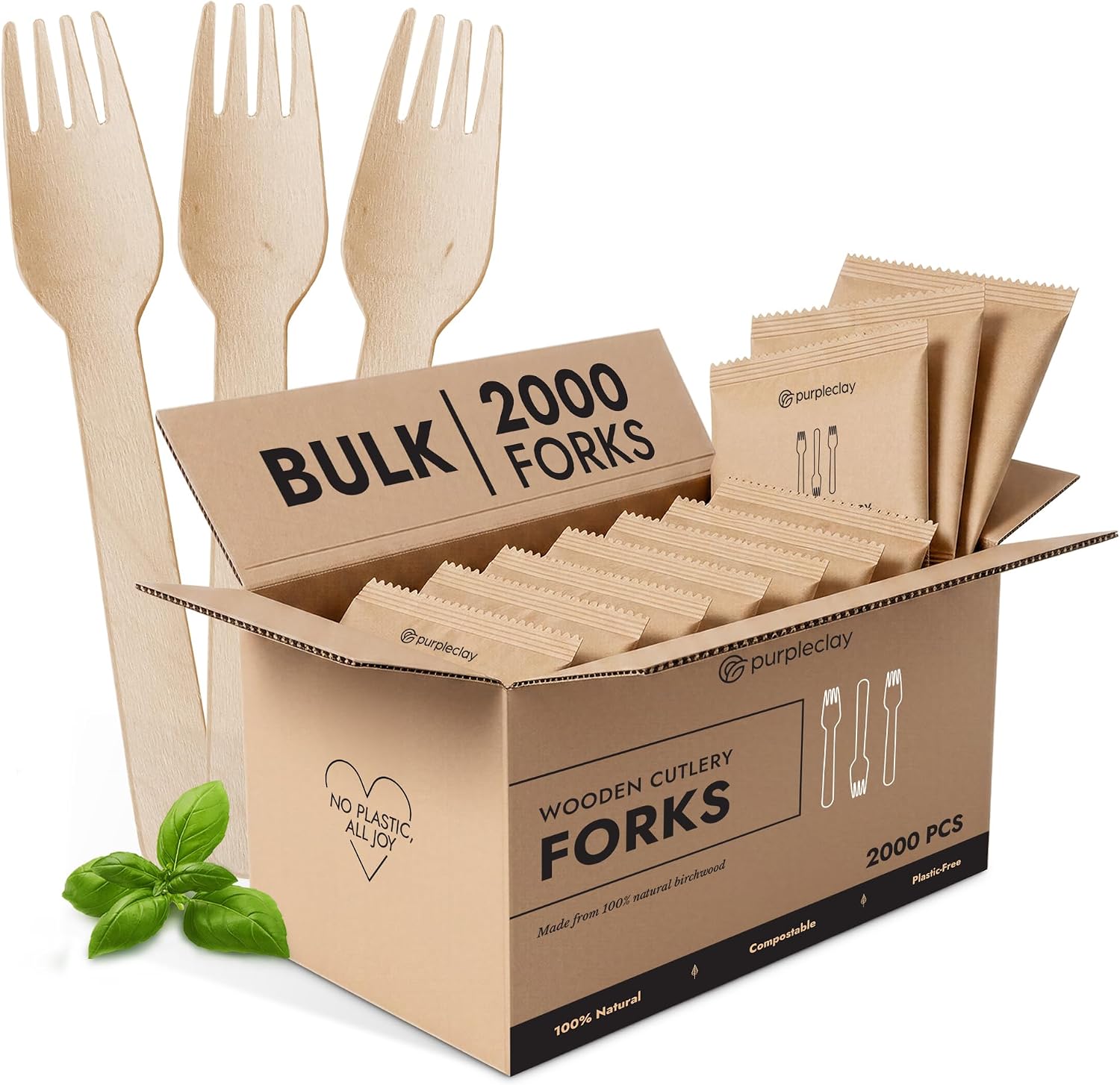 PURPLECLAY Bulk Wooden Disposable Forks 2000 Pieces, FSC Certified Birchwood Compostable Forks, Eco Friendly Plastic Free Wood Cutlery for Restaurants, Catering, Schools, Bamboo Forks Alternative