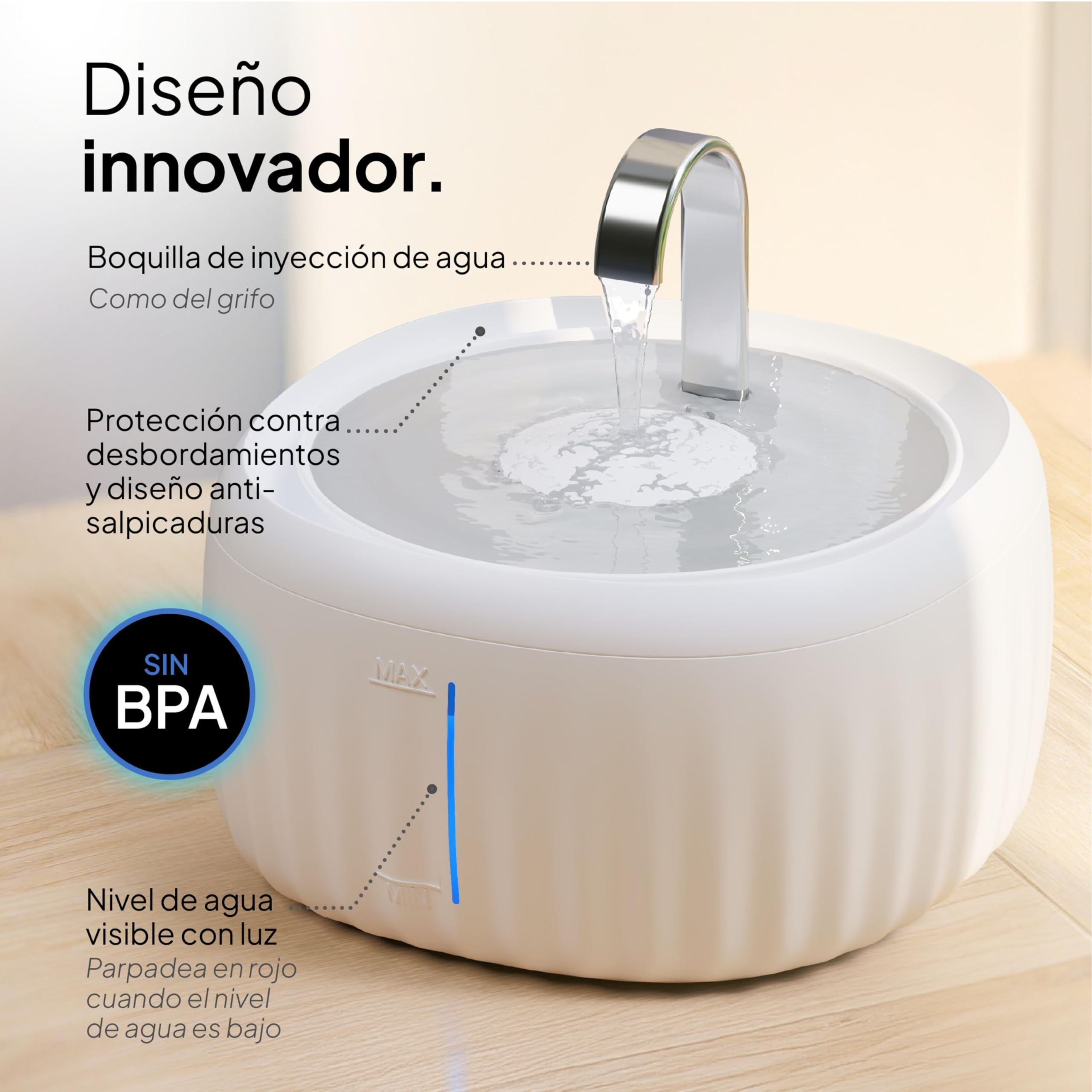 Pretty Paw Fuente de Agua para Gatos 3L con Indicador LED MIN/MAX - Funcionamiento Silencioso y Fácil Limpieza, Bebedero Automático con Filtro para Interior - Aquaflow (Blanco)