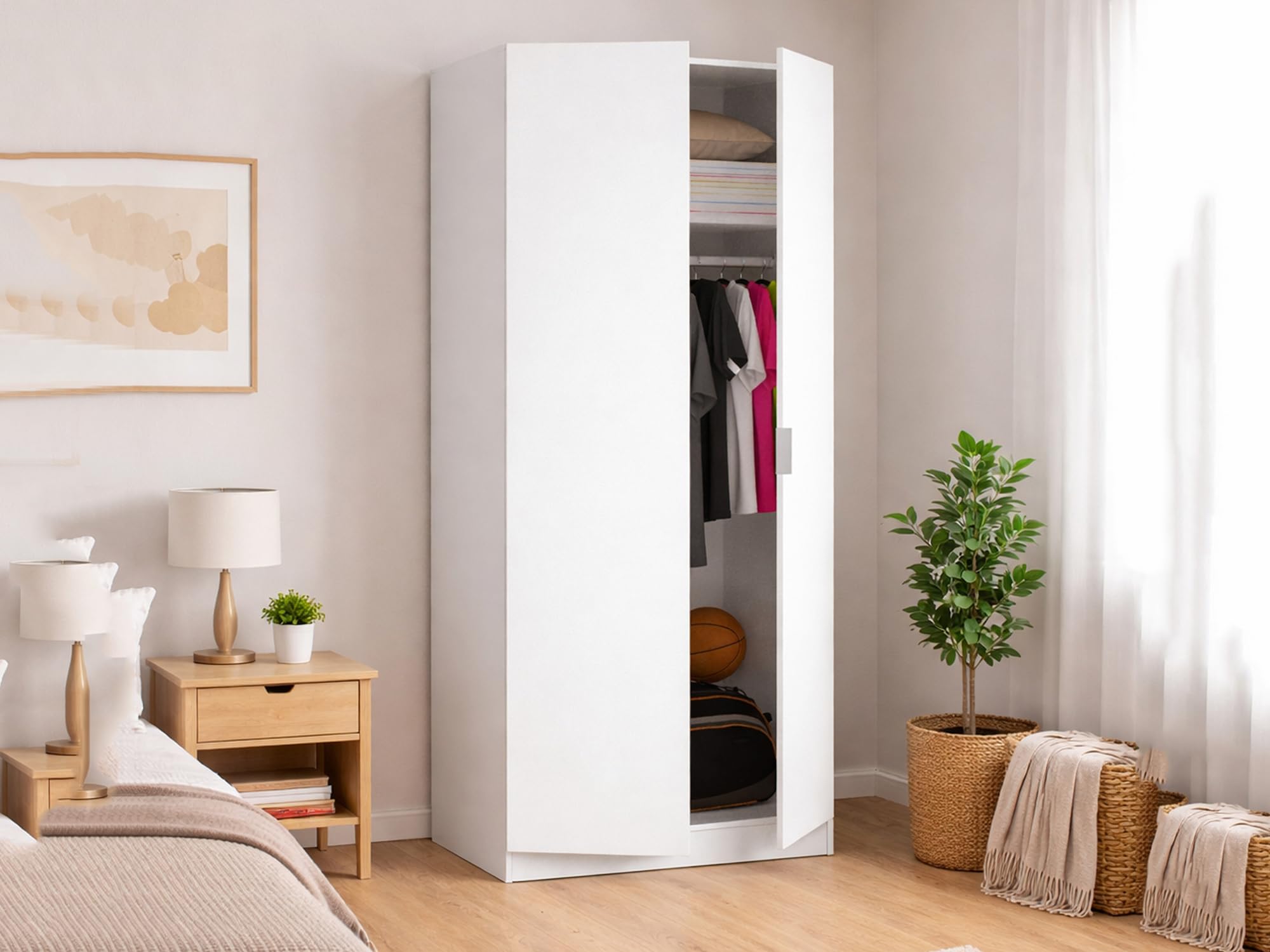 Dmora Guardaroba 2 Ante Giovo 52x184h cm Bianco Appendiabiti un Ripiano, Armadio Camera da Letto 2 Ante