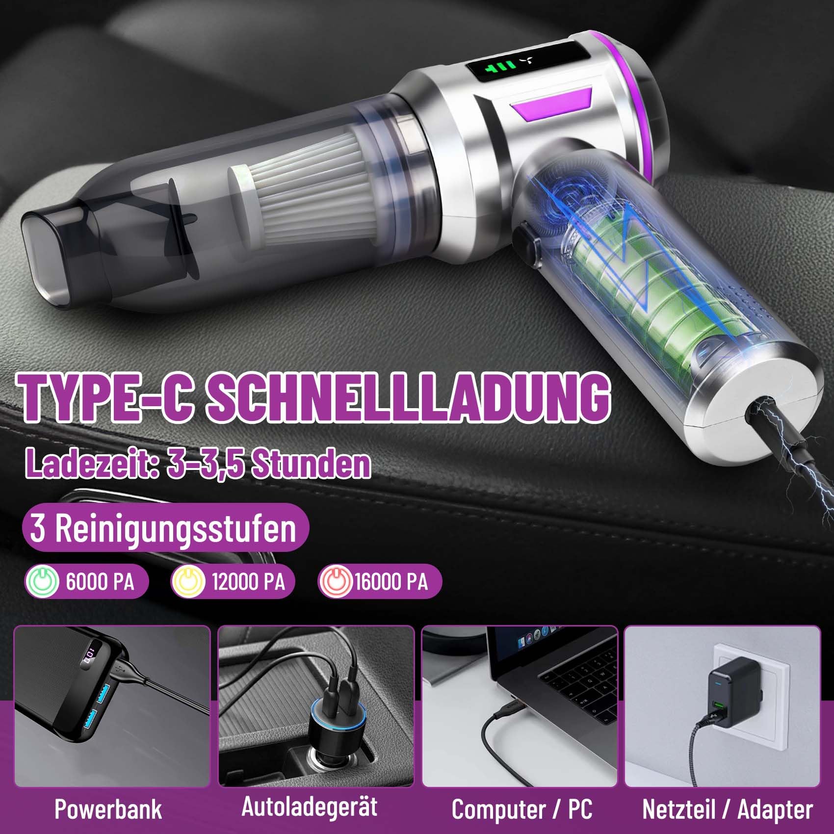 Handstaubsauger Akku Kabellos 27000Pa, Mini Autostaubsauger mit 220000rpm Bürstenlosem Motor, Leicht & Tragbar, 3-Stufen Saugkraft für Auto, Sofa, Haustierhaare, Küche & Büro