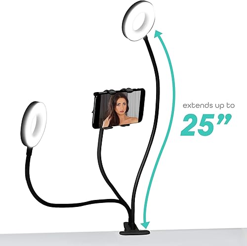Miniatura 9 de Aduro U-Stream - Anillo de luz con soporte para selfie, doble anillo de luces con cuello de cisne flexible para iPhone y Android, color negro